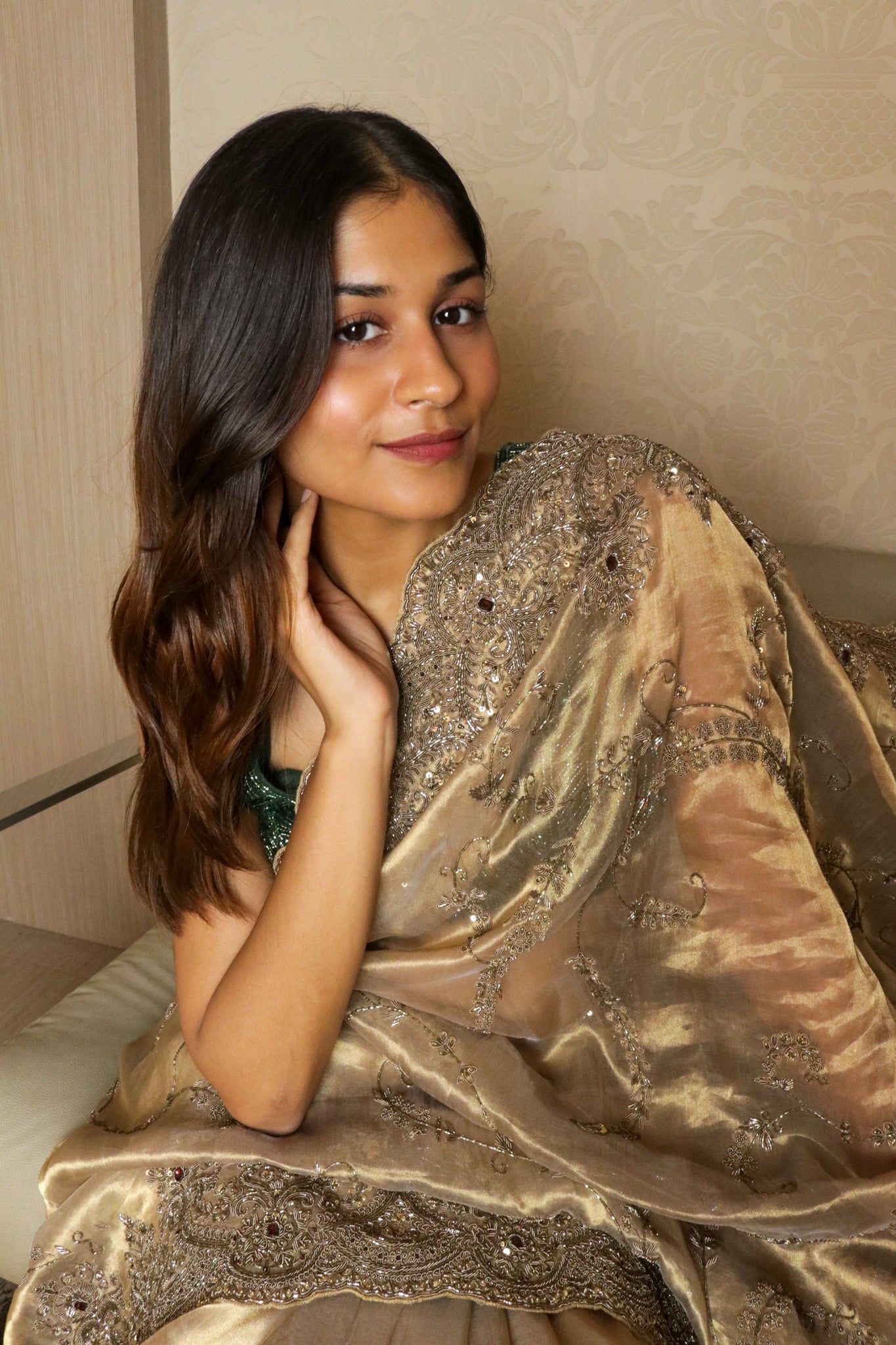 Dusty Gold Tissue Organza Saree with Jarthosi & Sequin Work and Green Velvet Blouse