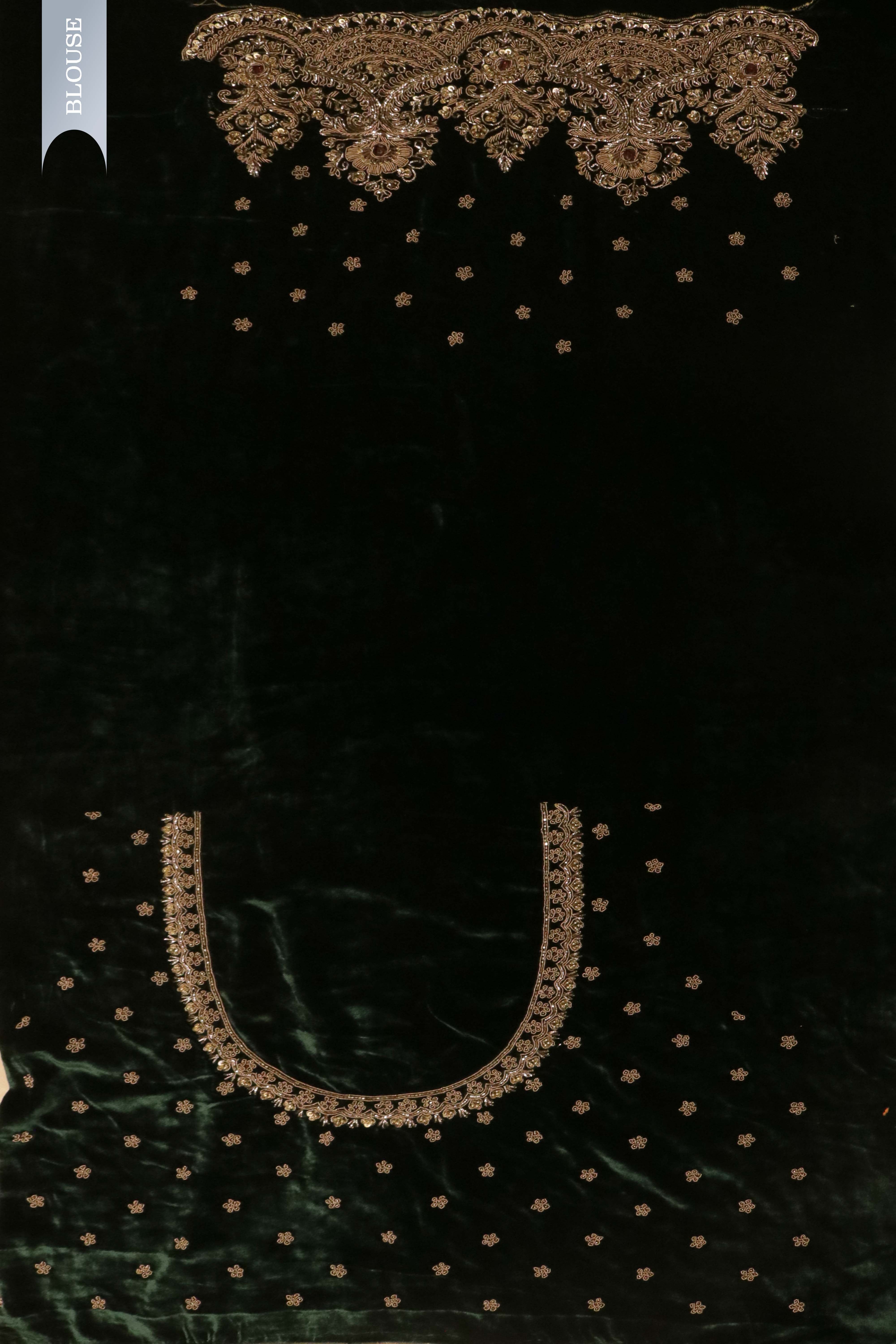 Dusty Gold Tissue Organza Saree with Jarthosi & Sequin Work and Green Velvet Blouse