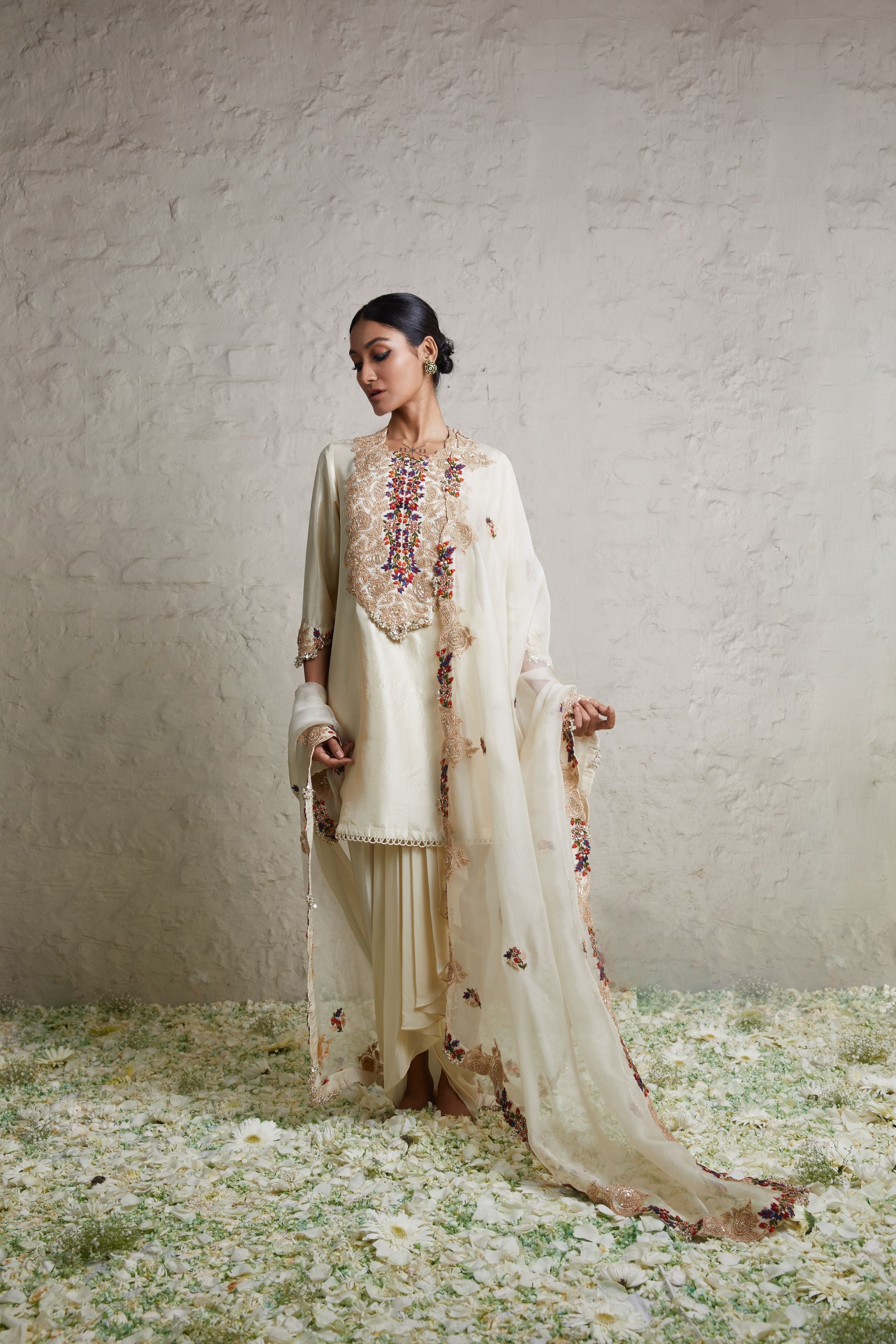 Ivory silk kurta with dhoti and dupatta  Mokshaa