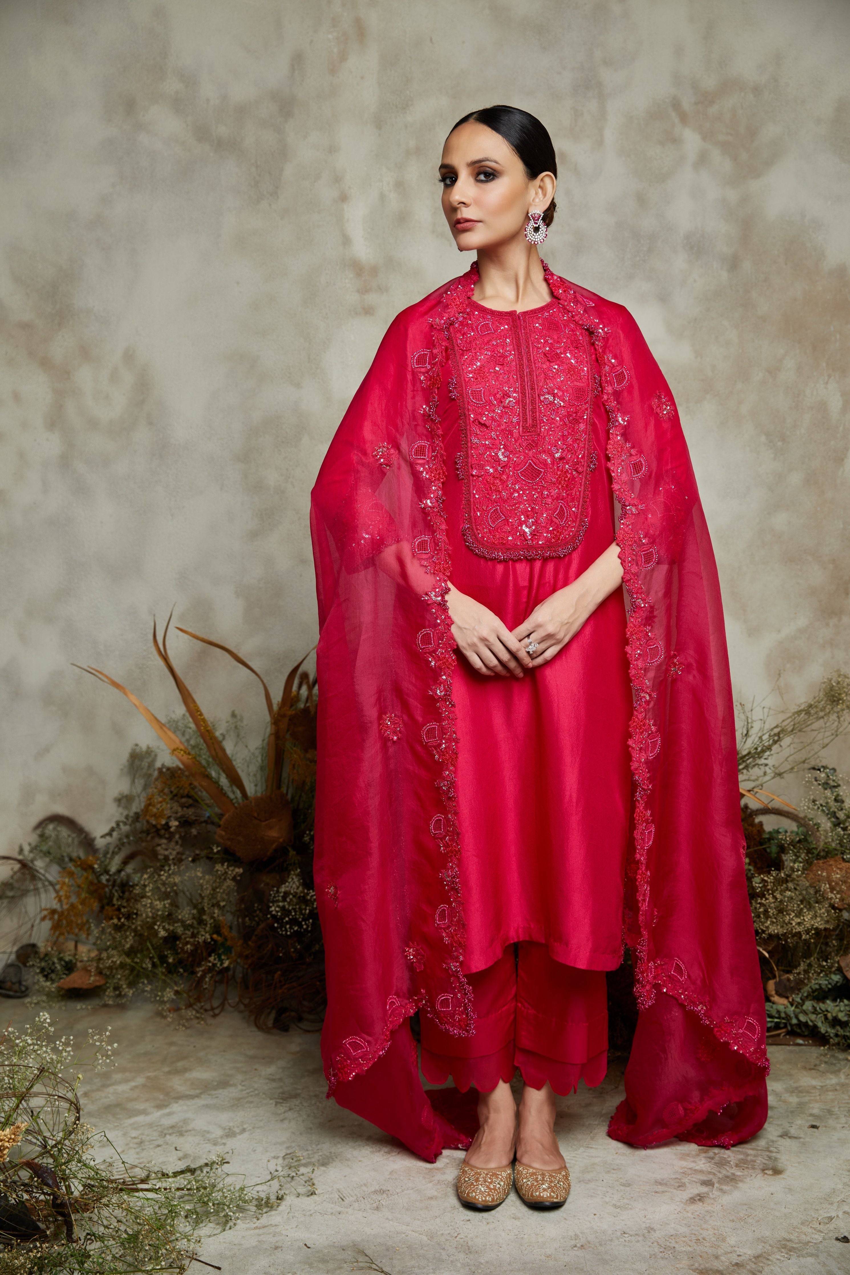 Fuscia silk kurta with organza dupatta and cotton satin pants  Mokshaa