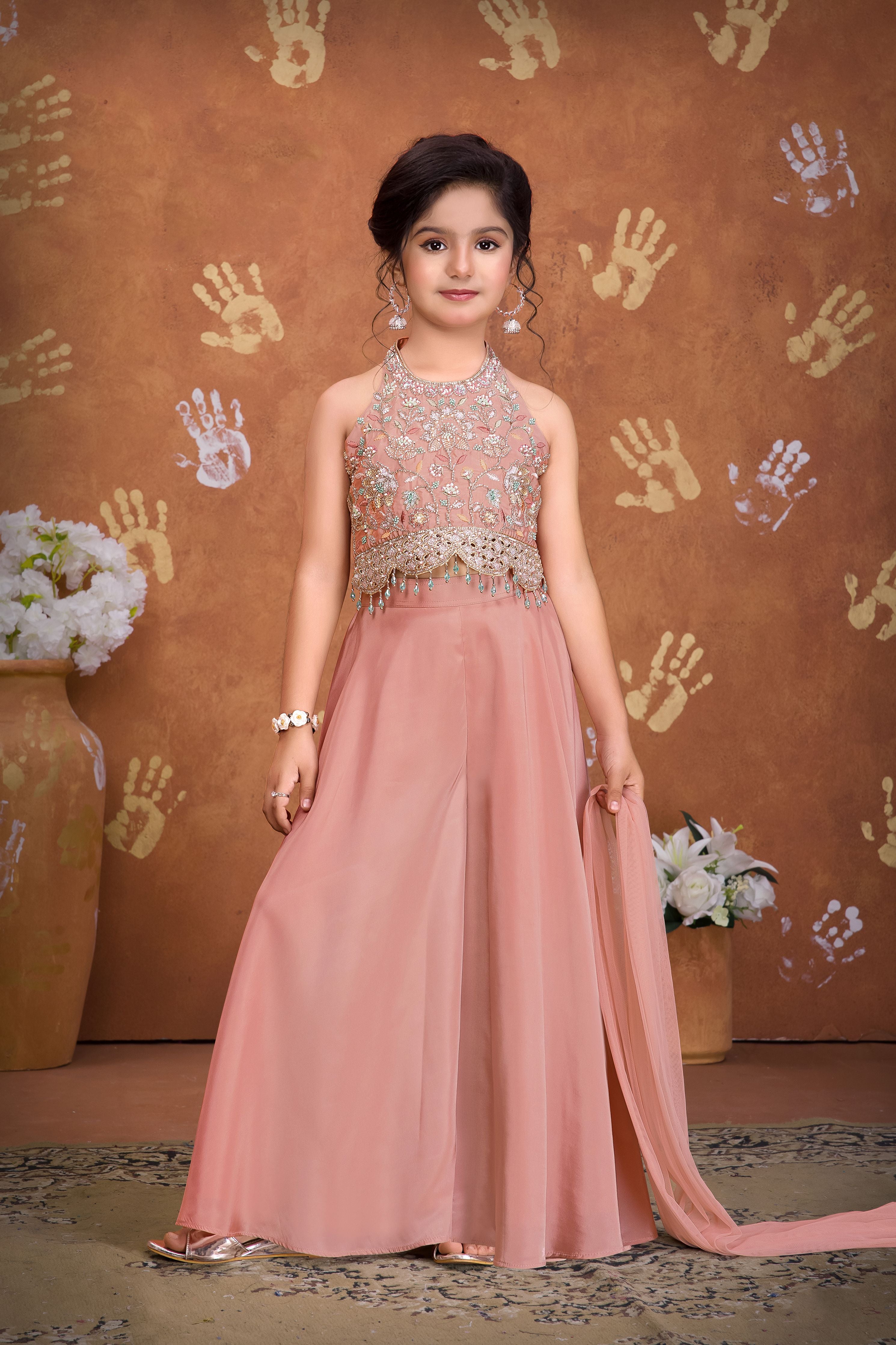 Dusty Rose Satin Crepe Embroidered Halter Crop Top & Palazzo Set for Girls