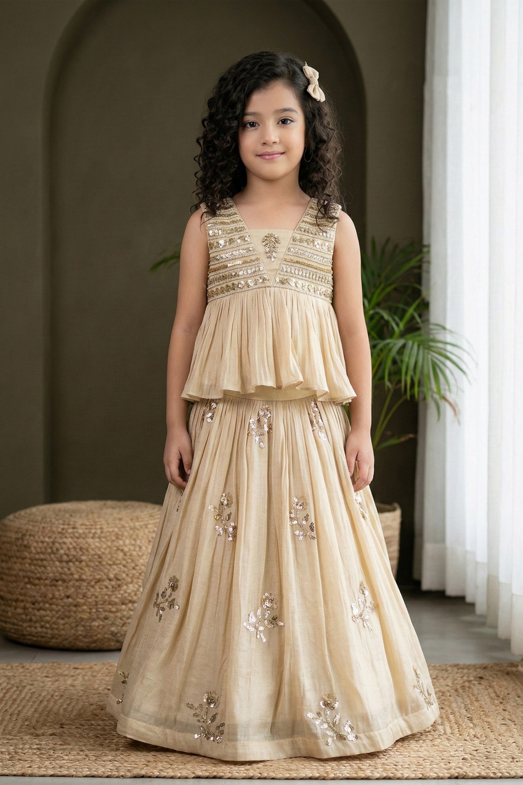 Cream Tissue Silk Sequin Embroidered Peplum Top & Lehenga Set for Girls