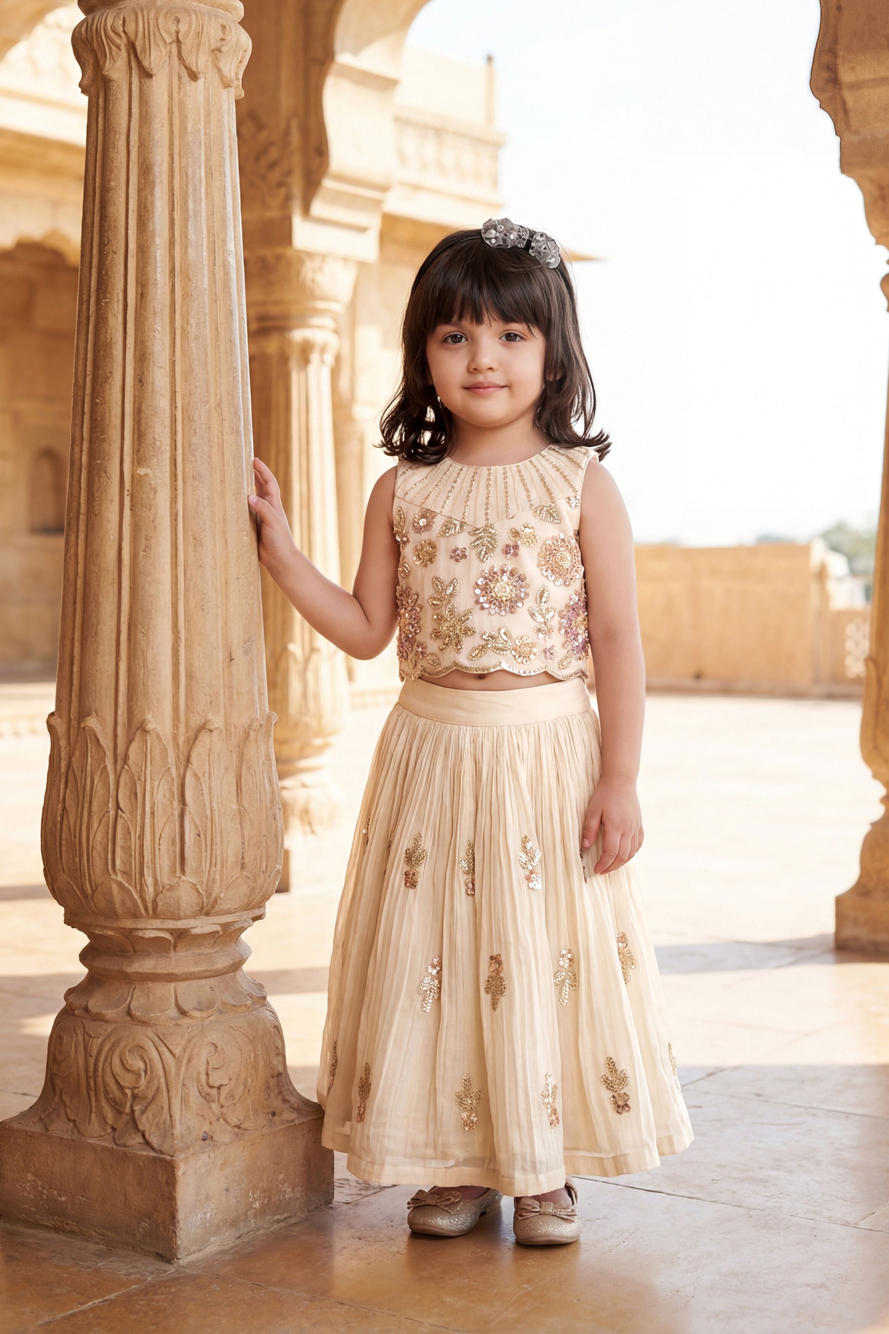Cream Crushed Fabric Floral Bead Embroidered Crop Choli & Lehenga Set for Girls