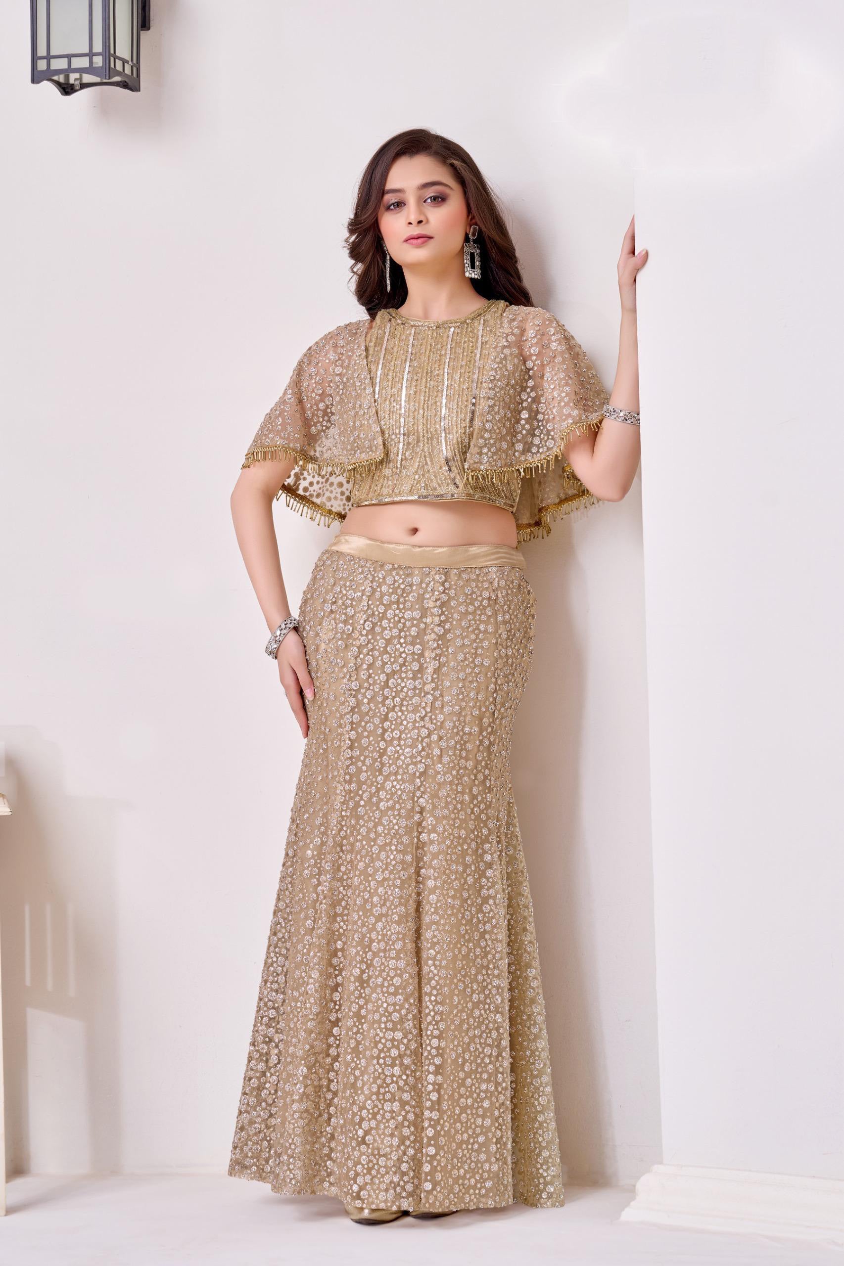 Gold Net Pearl & Sequin Cape Blouse with Fish Cut Lehenga