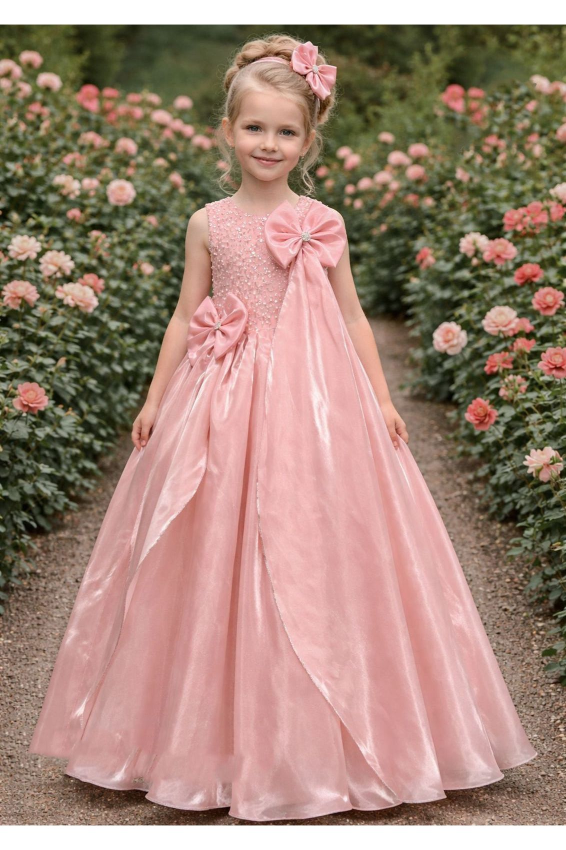 Peach Satin Pearl Embellished Double Bow Ball Gown for Girls