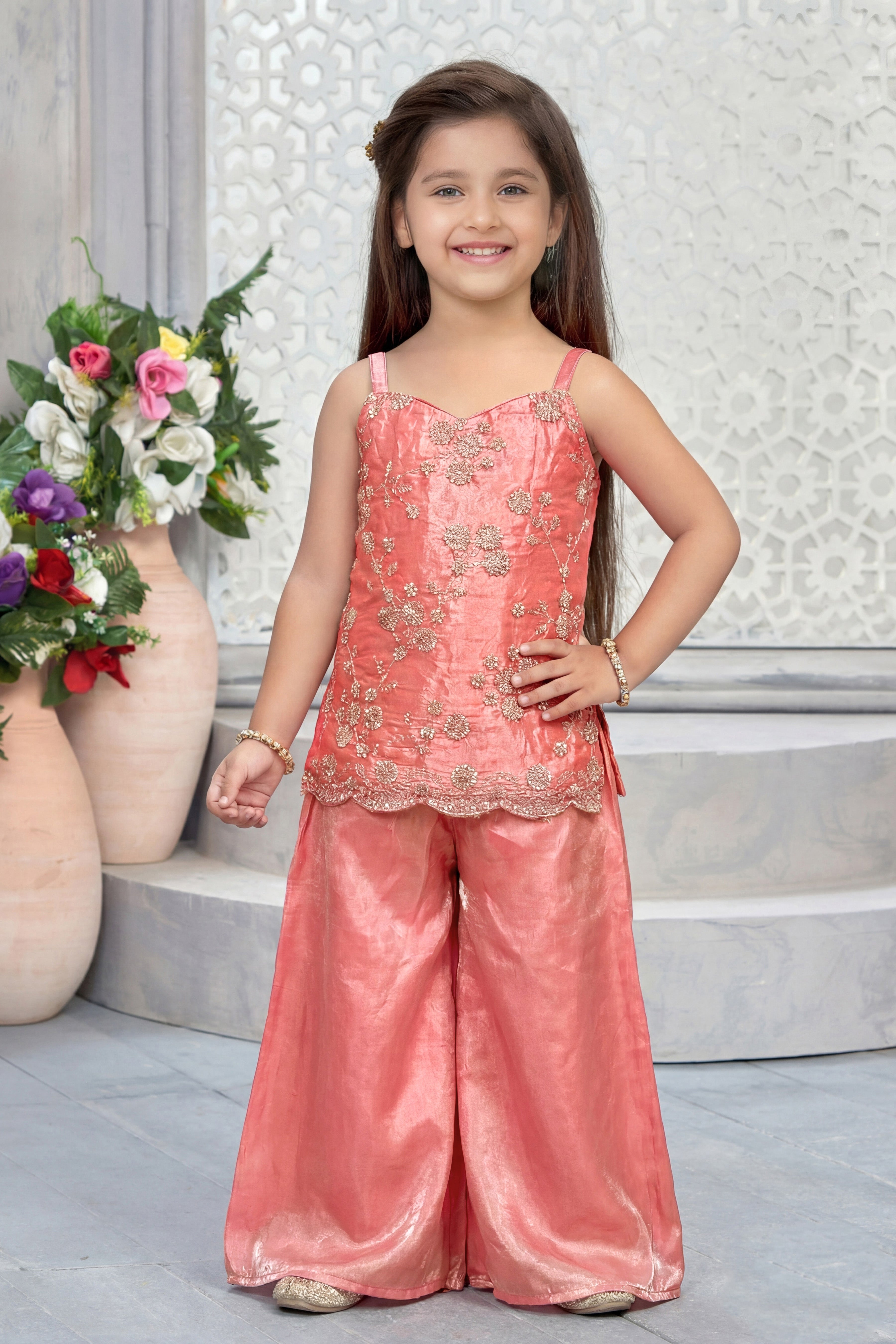 Peach Shimmer Embroidered Top with Sharara Set for Girls