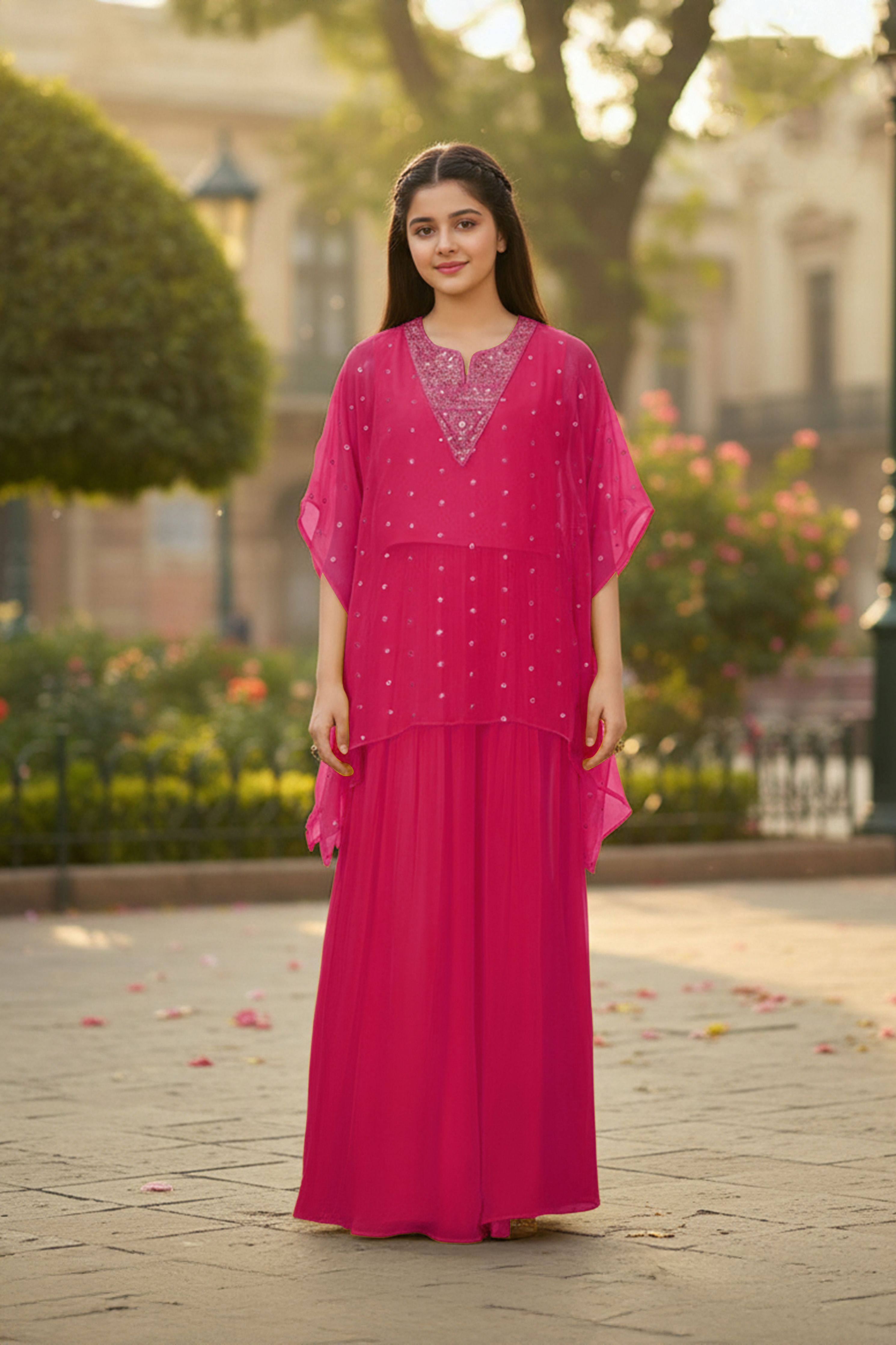 Rani Pink Georgette Mirror Work Kaftan Top & Palazzo Set for Girls