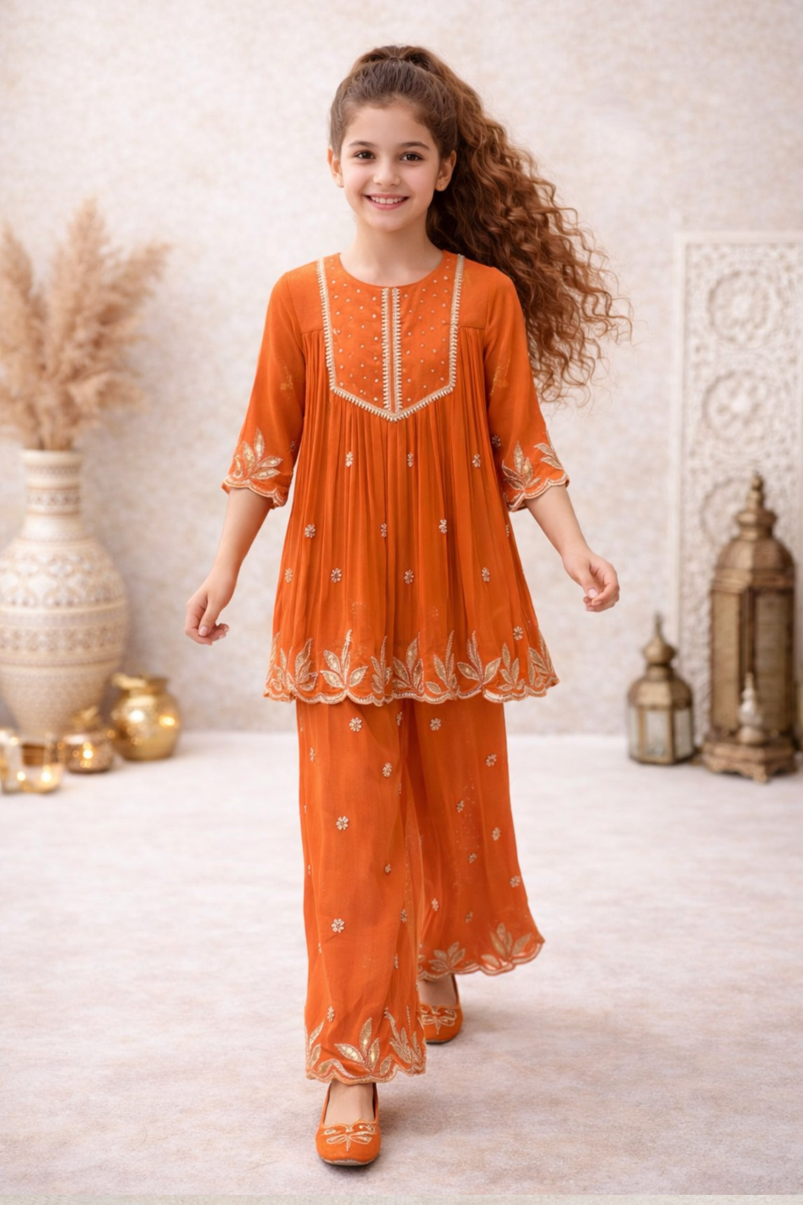 Orange Zari Leaf Embroidered Kurti & Palazzo Set for Girls