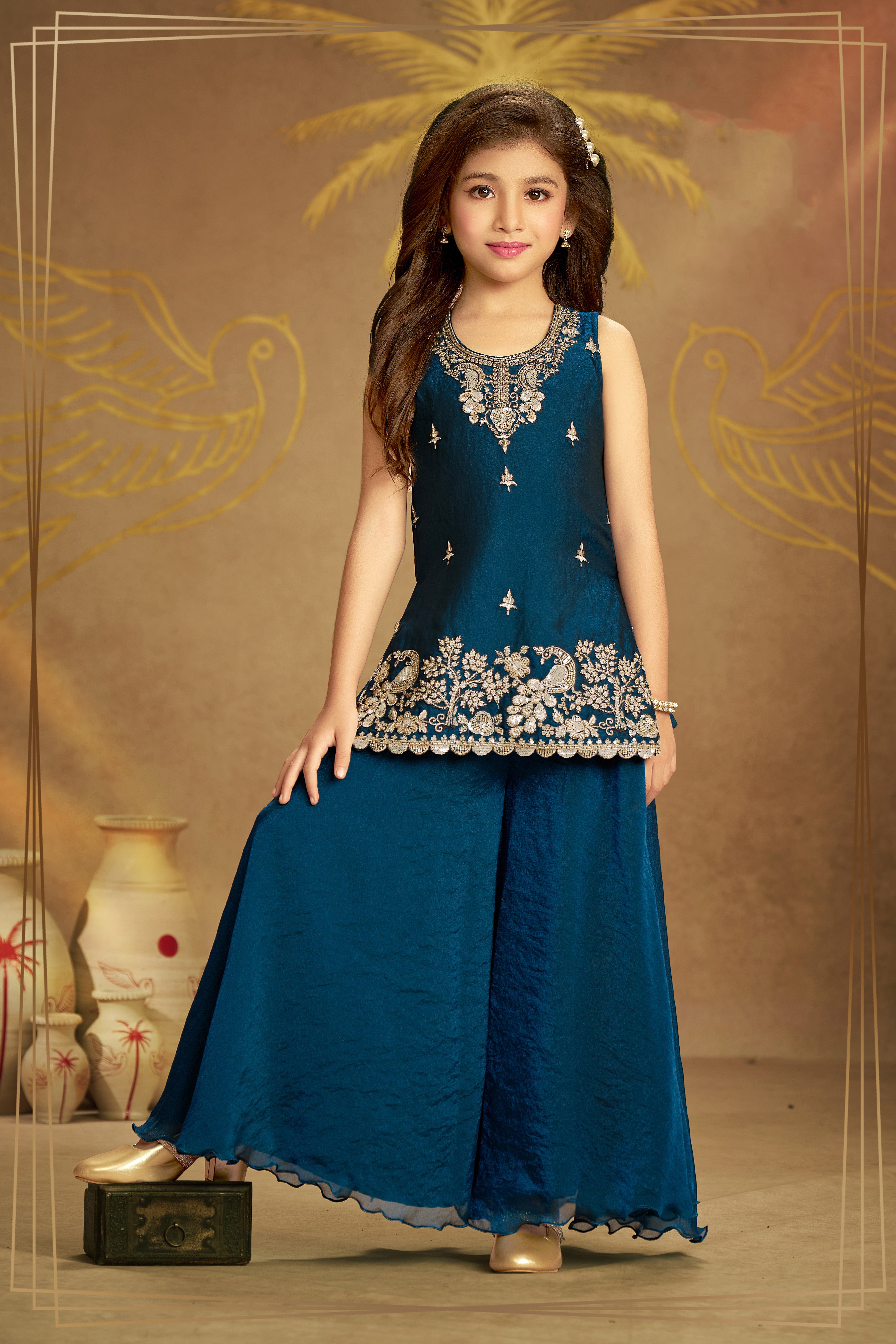 Teal Blue Embroidered Peplum Kurti with Palazzo Pants for Girls