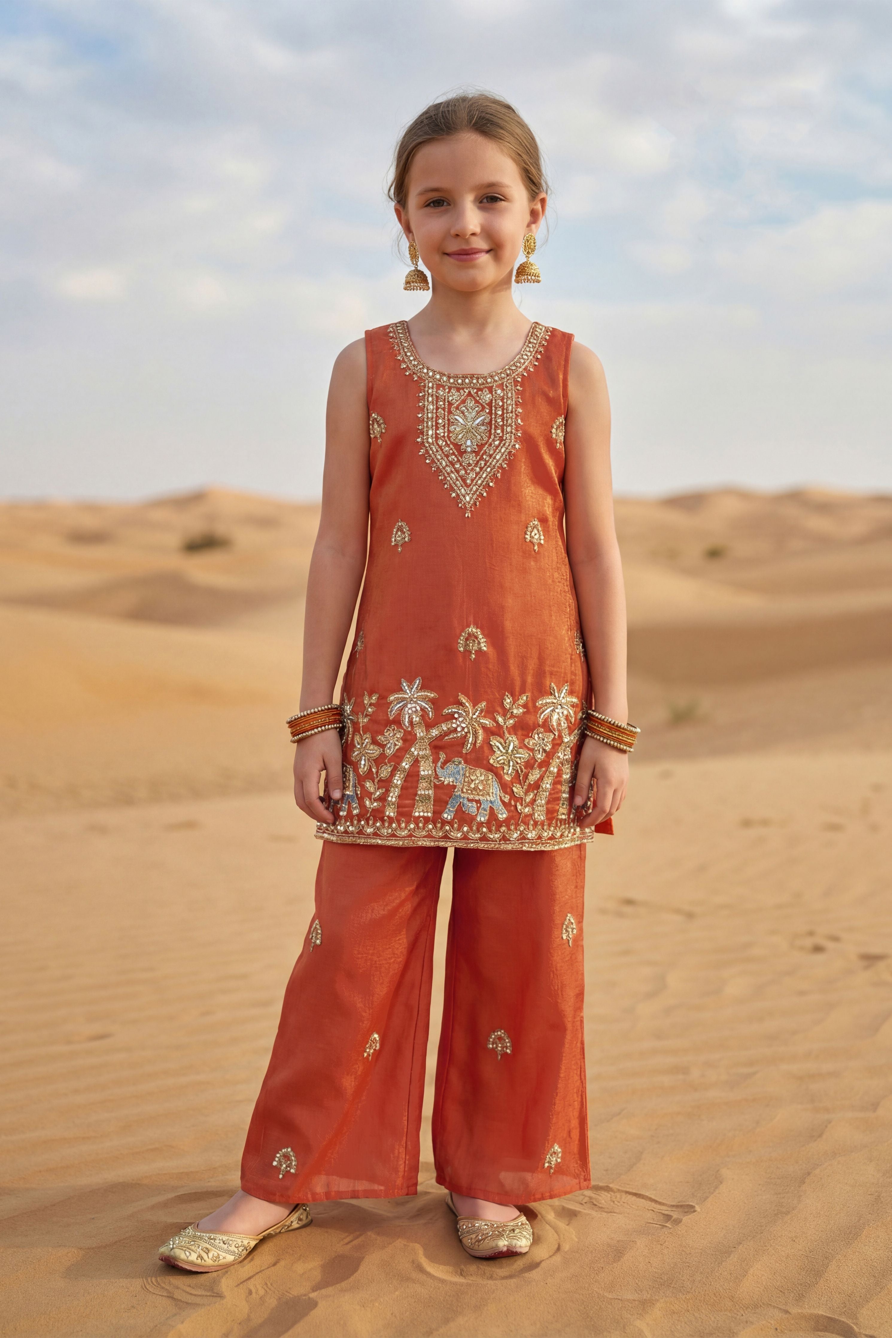 Orange Chanderi Silk Elephant & Zari Embroidered Kurti & Palazzo Set for Girls