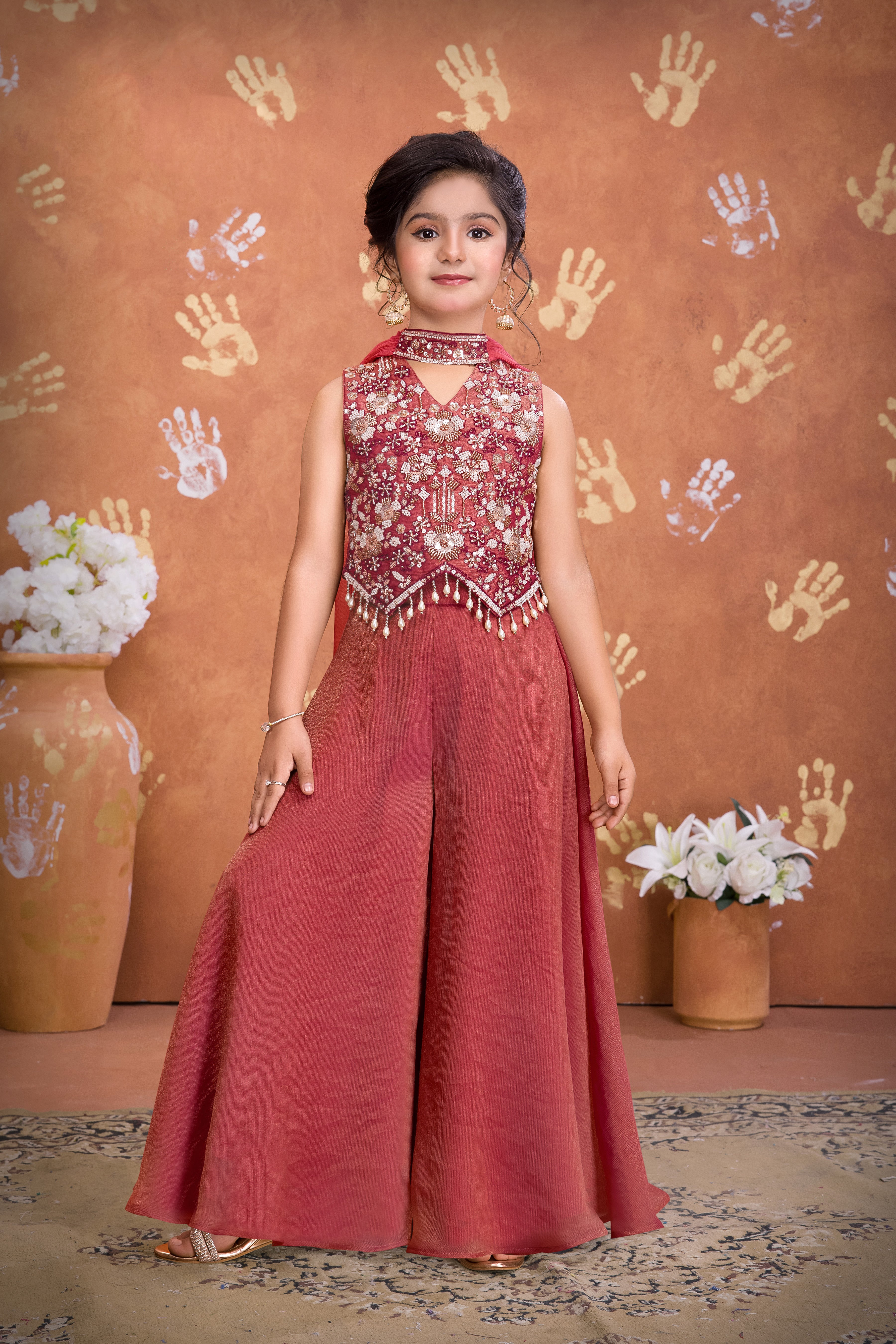 Rust Pink Textured Silk Floral Bead Embroidered Jacket & Palazzo Set for Girls