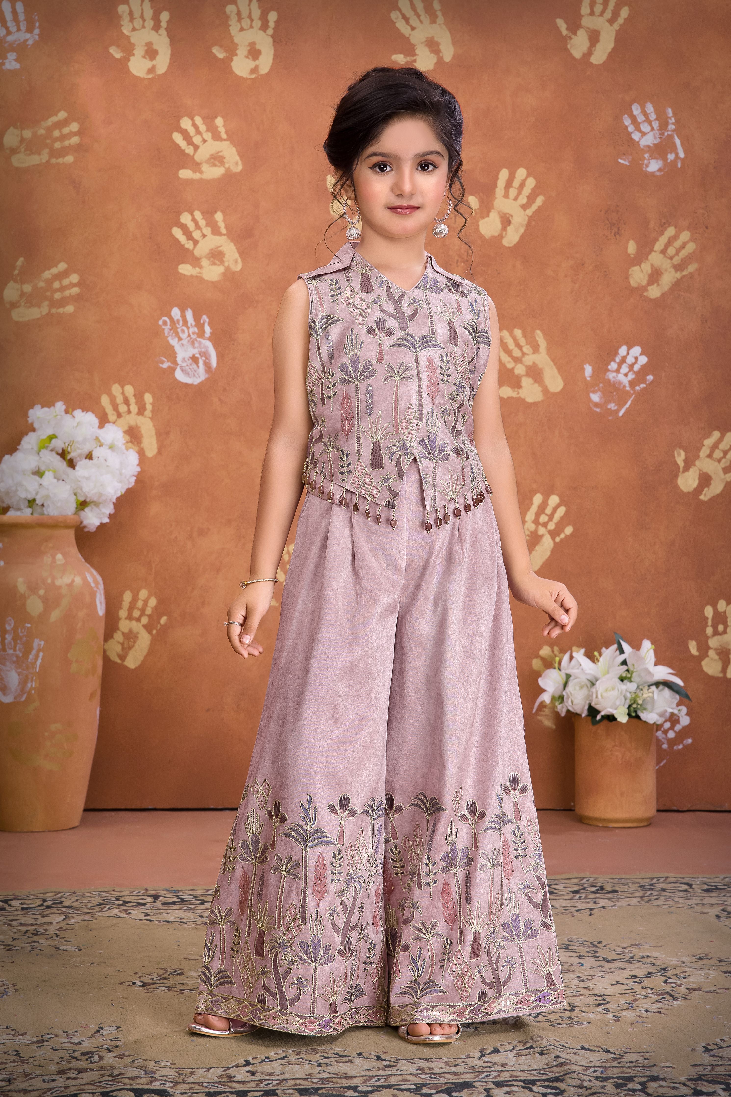 Mauve Botanical Embroidered Top & Palazzo Set for Girls