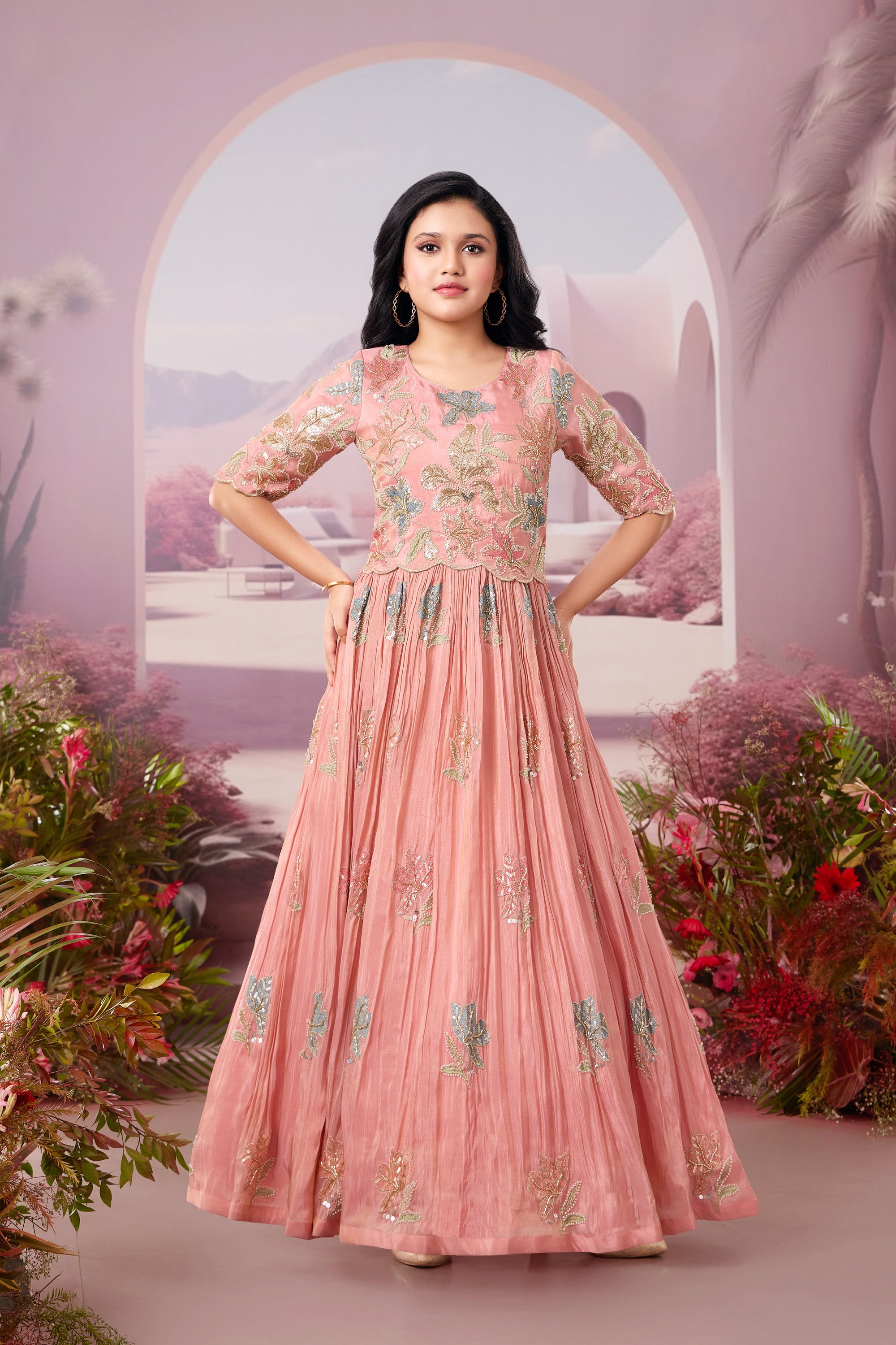 Blush Pink Shimmer Embroidered Kids Gown