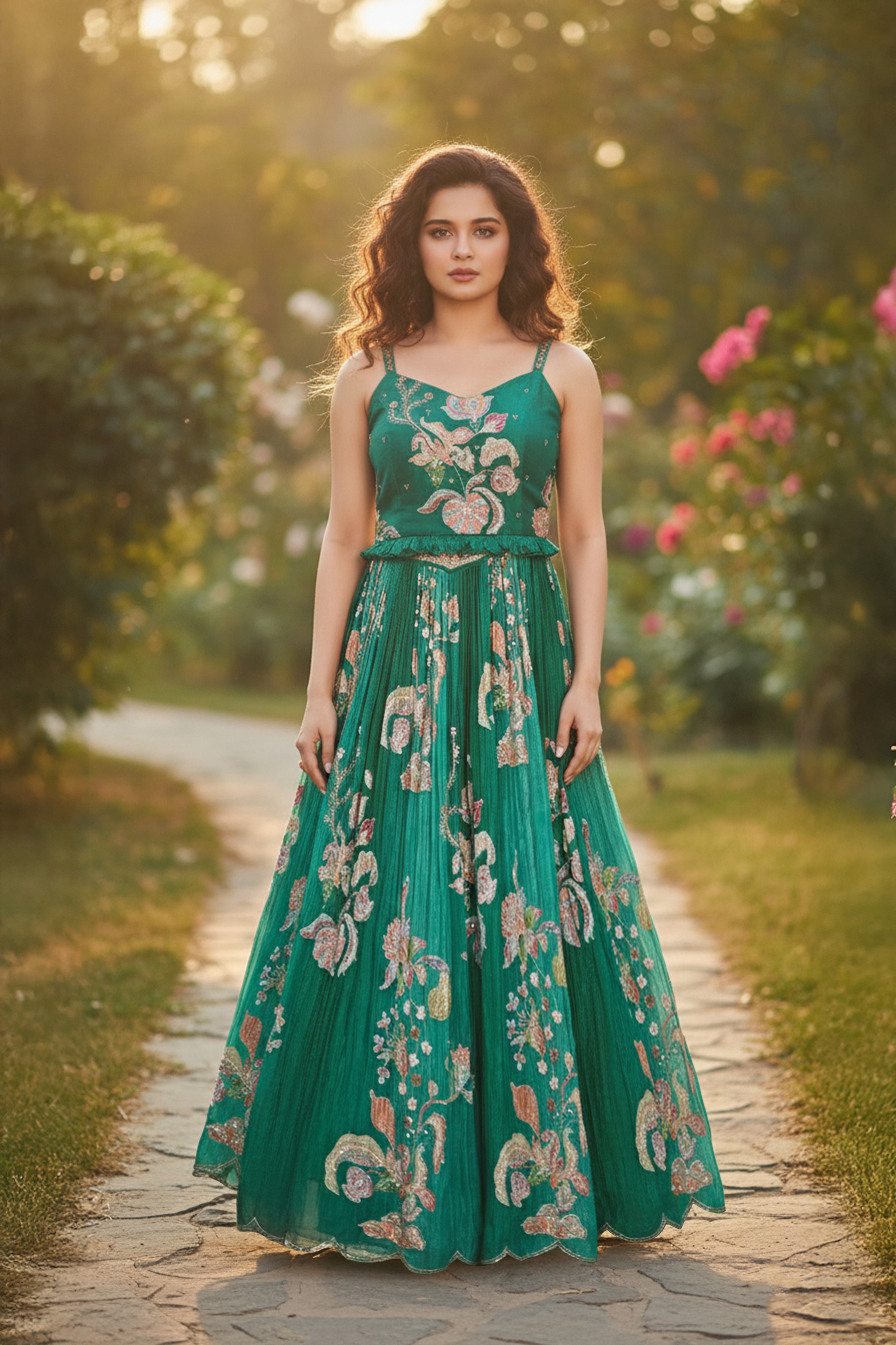 Teal Embroidered Kids Lehenga Set