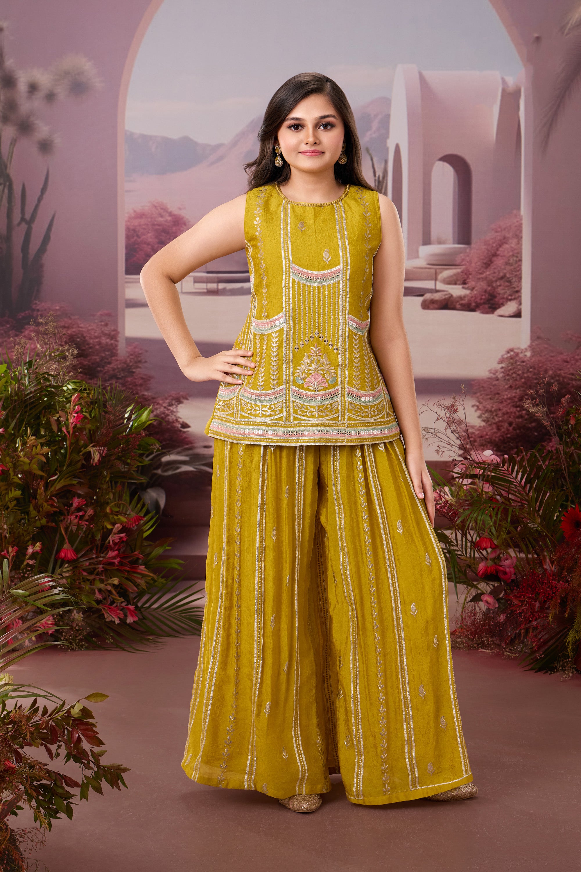 Mustard Yellow Embroidered Palazzo Set for Girls