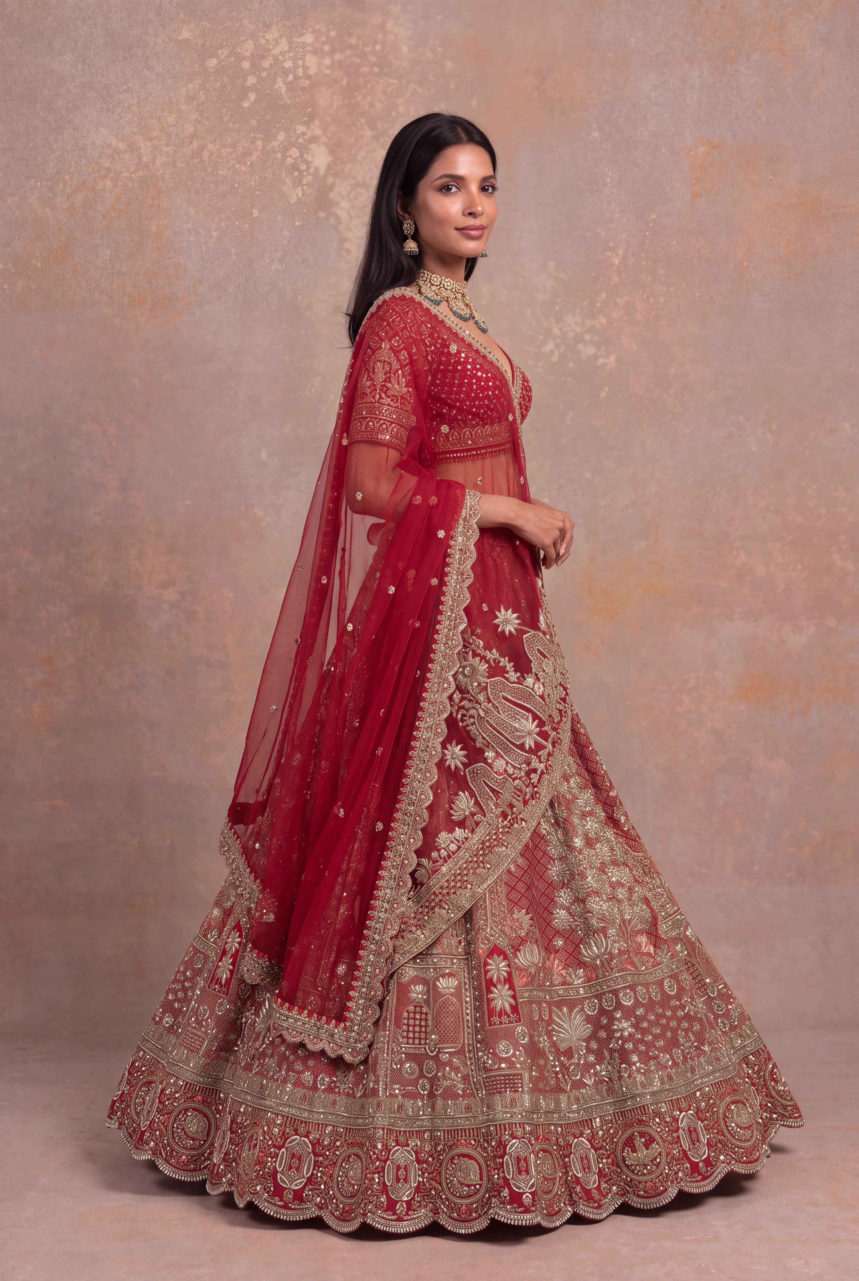 Red Silk Bridal Lehenga with Zardozi Jaal & Palace Motifs