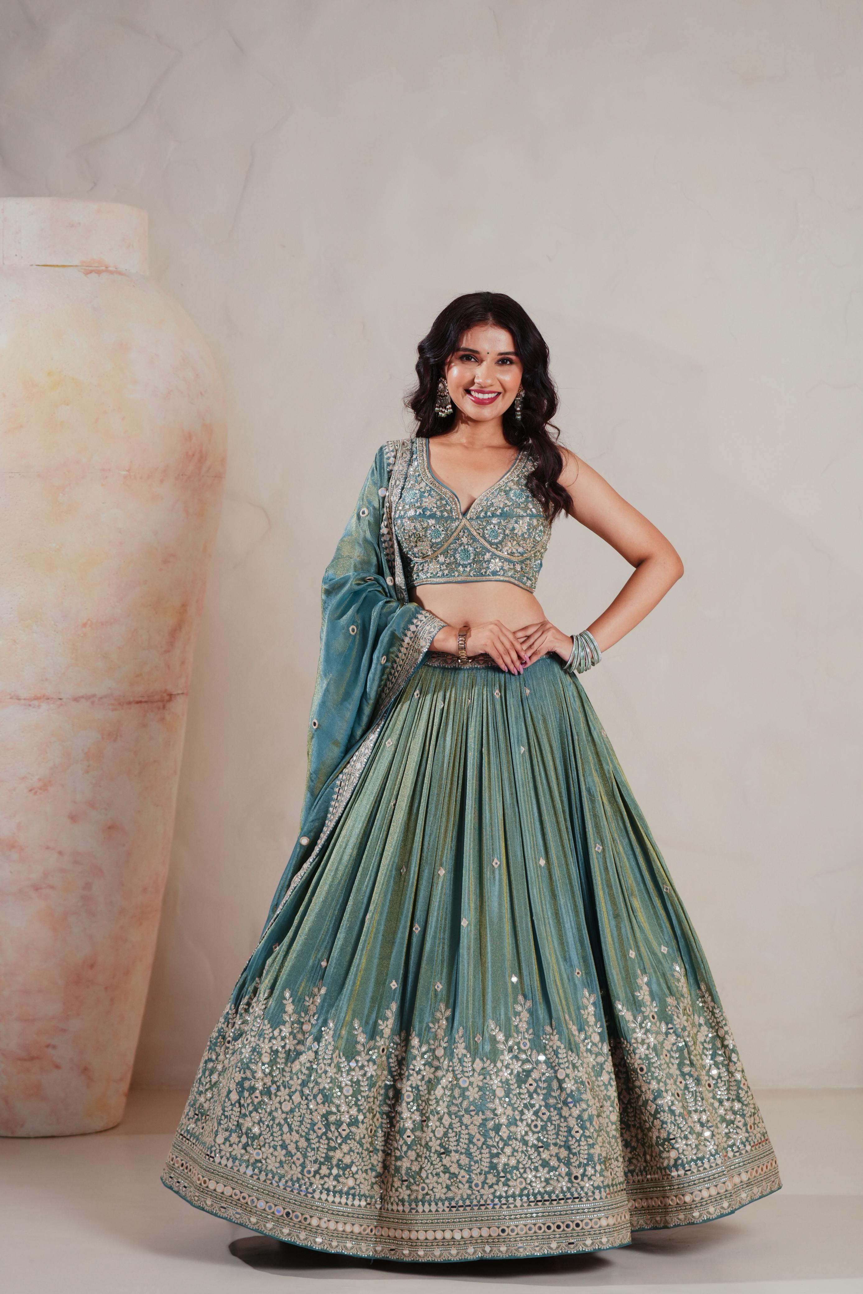Sea Green Tissue Lehenga with Sequin and Thread Embroidery