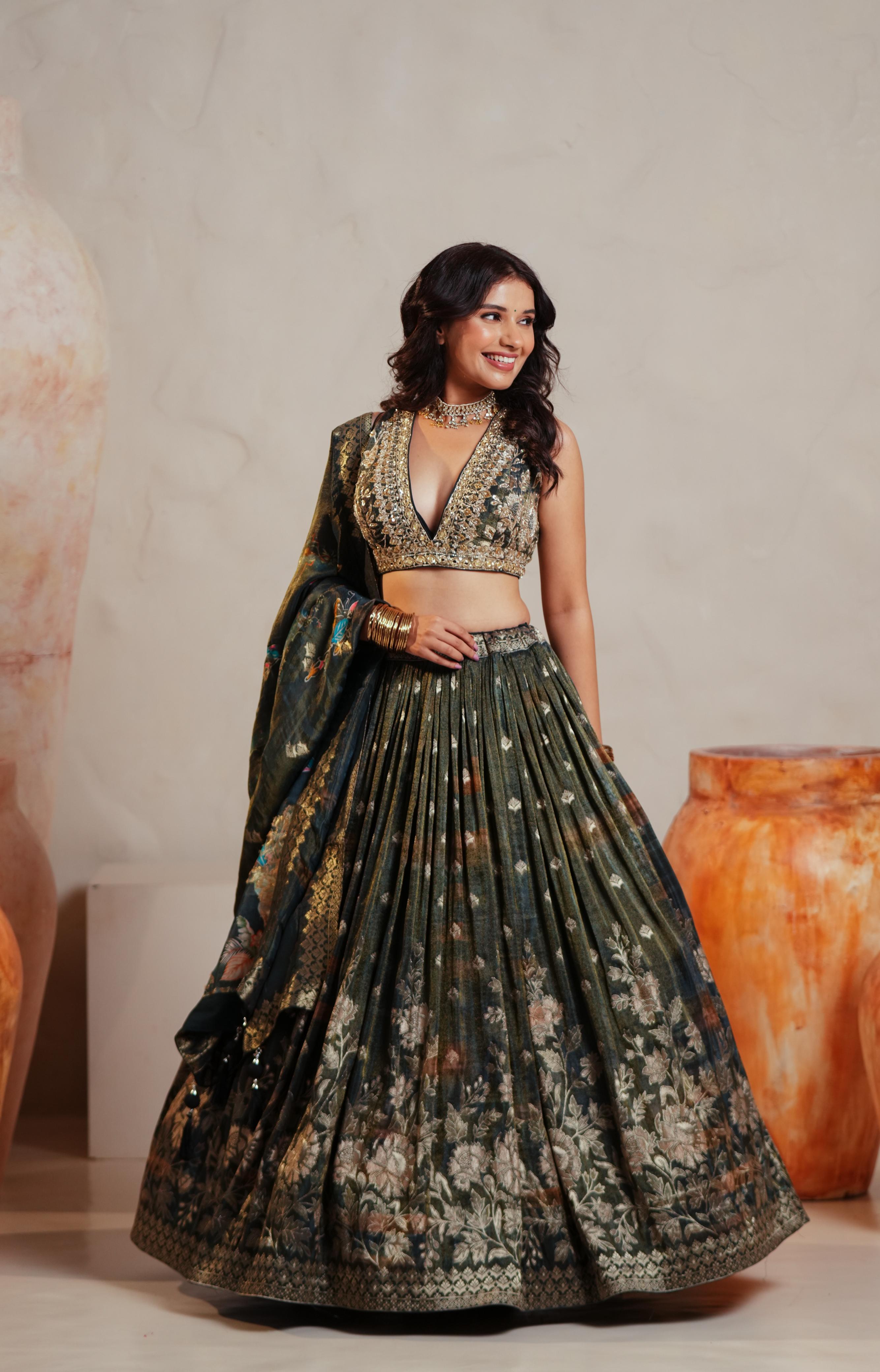Bottle Green Tissue Lehenga with Zari Floral Print & Hand Embroidered Blouse