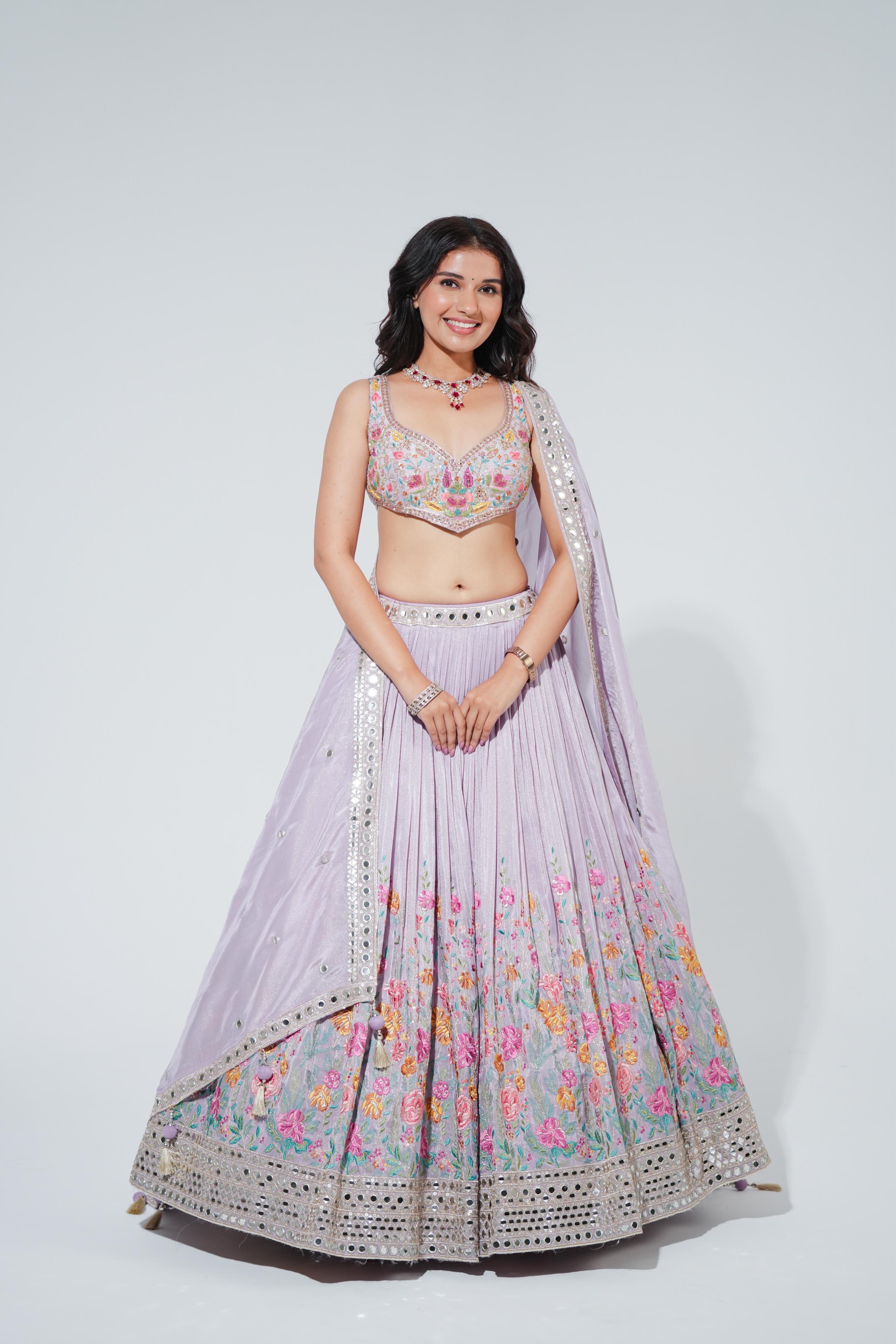 Lavender Tissue Lehenga with Multicolor Embroidery & Mirror Highlights