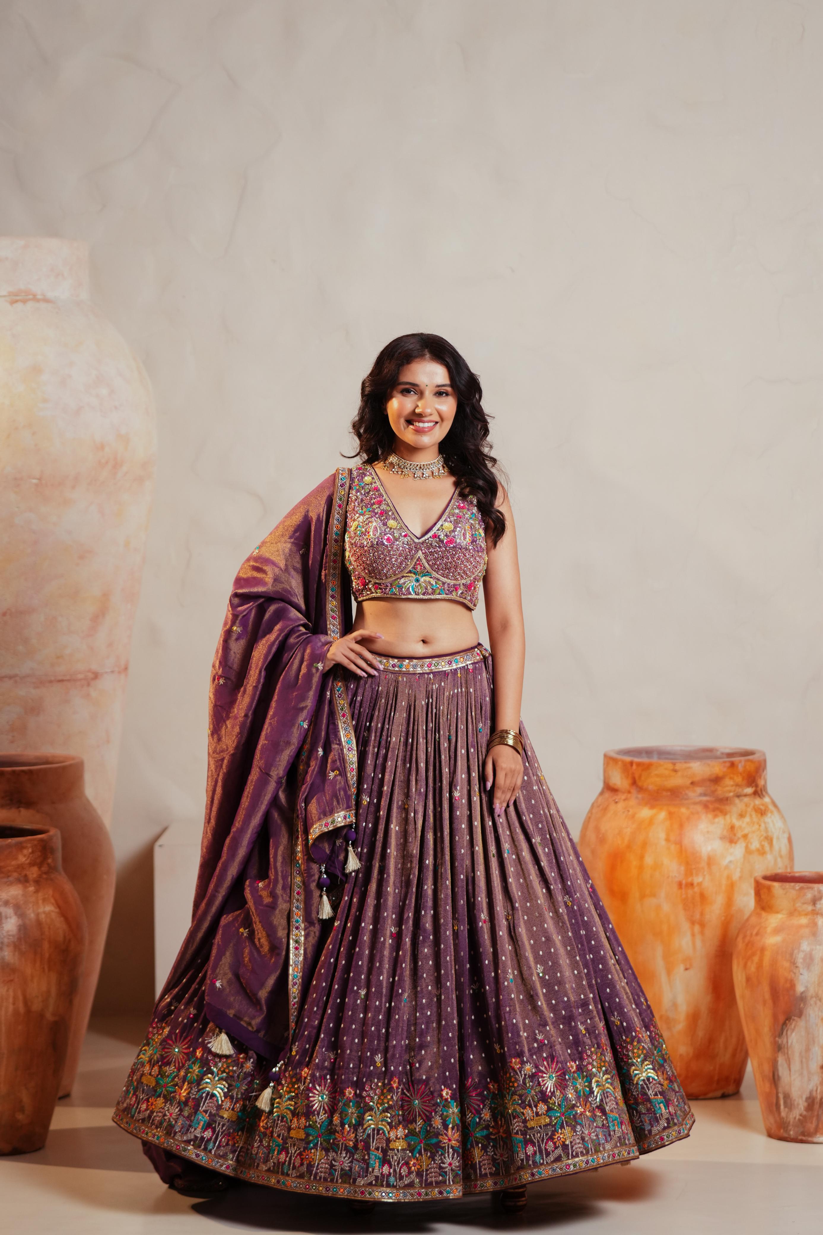 Plum Tissue Lehenga with Multicolor Jungle Embroidery & Mirror Accents