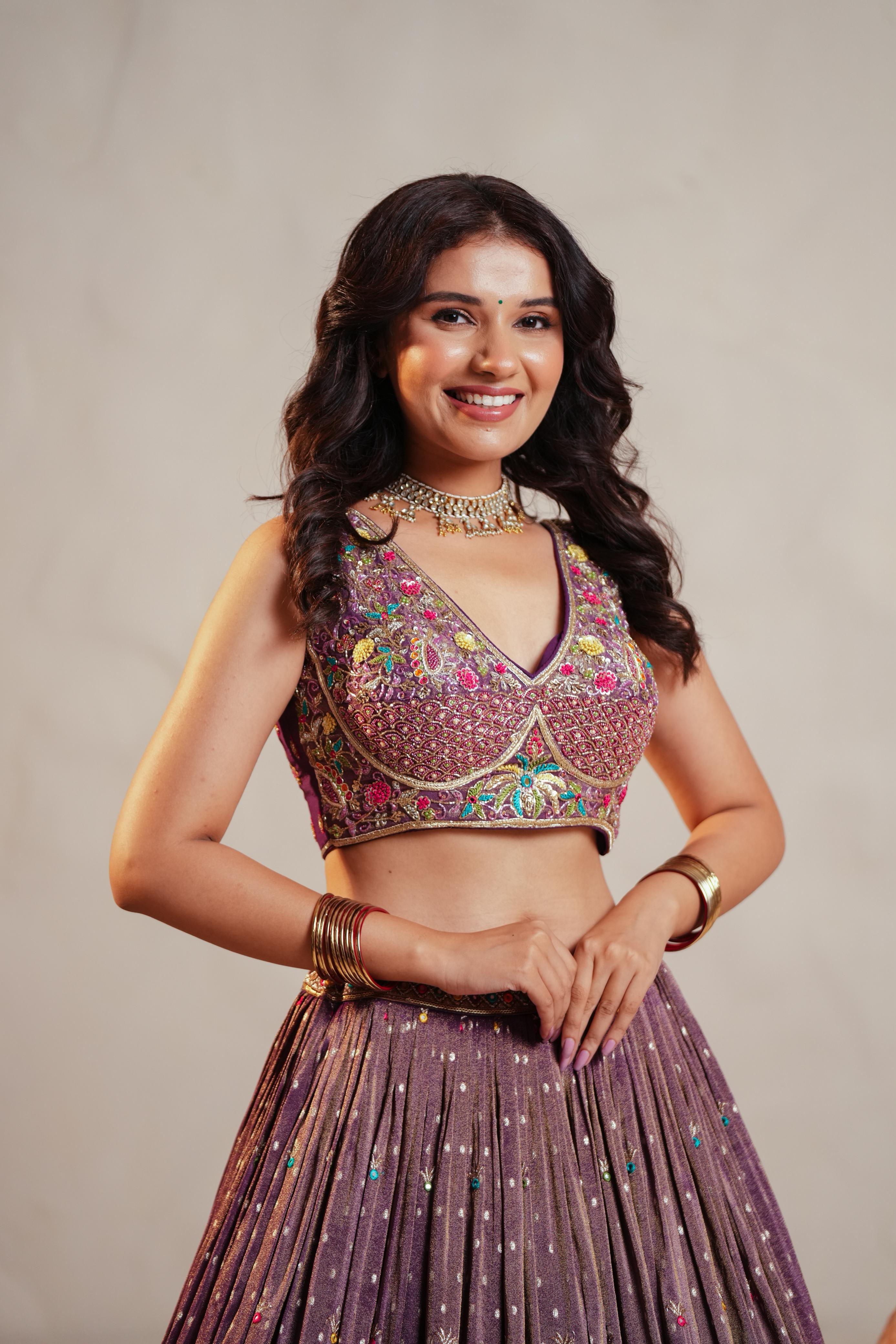 Plum Tissue Lehenga with Multicolor Jungle Embroidery & Mirror Accents