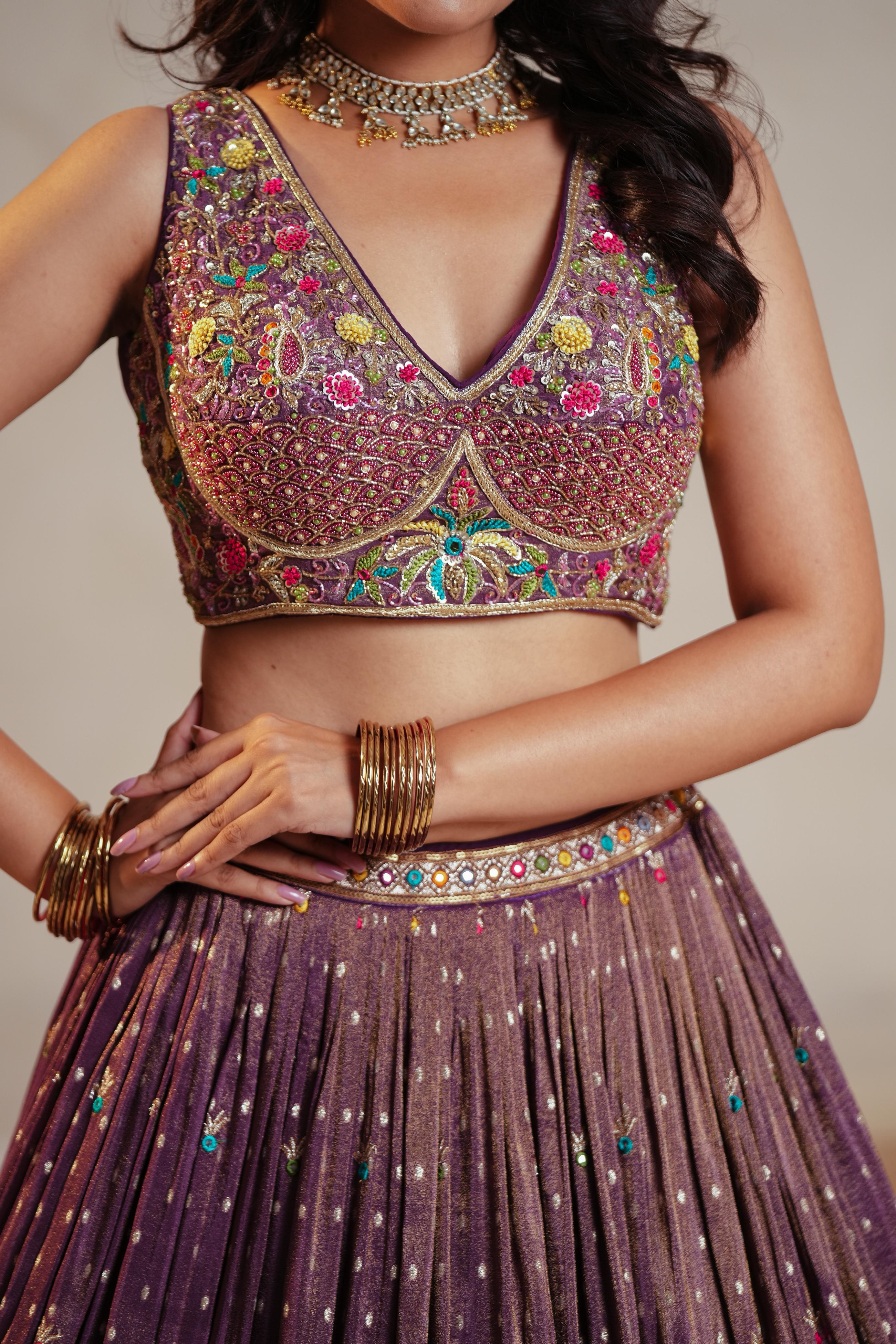 Plum Tissue Lehenga with Multicolor Jungle Embroidery & Mirror Accents