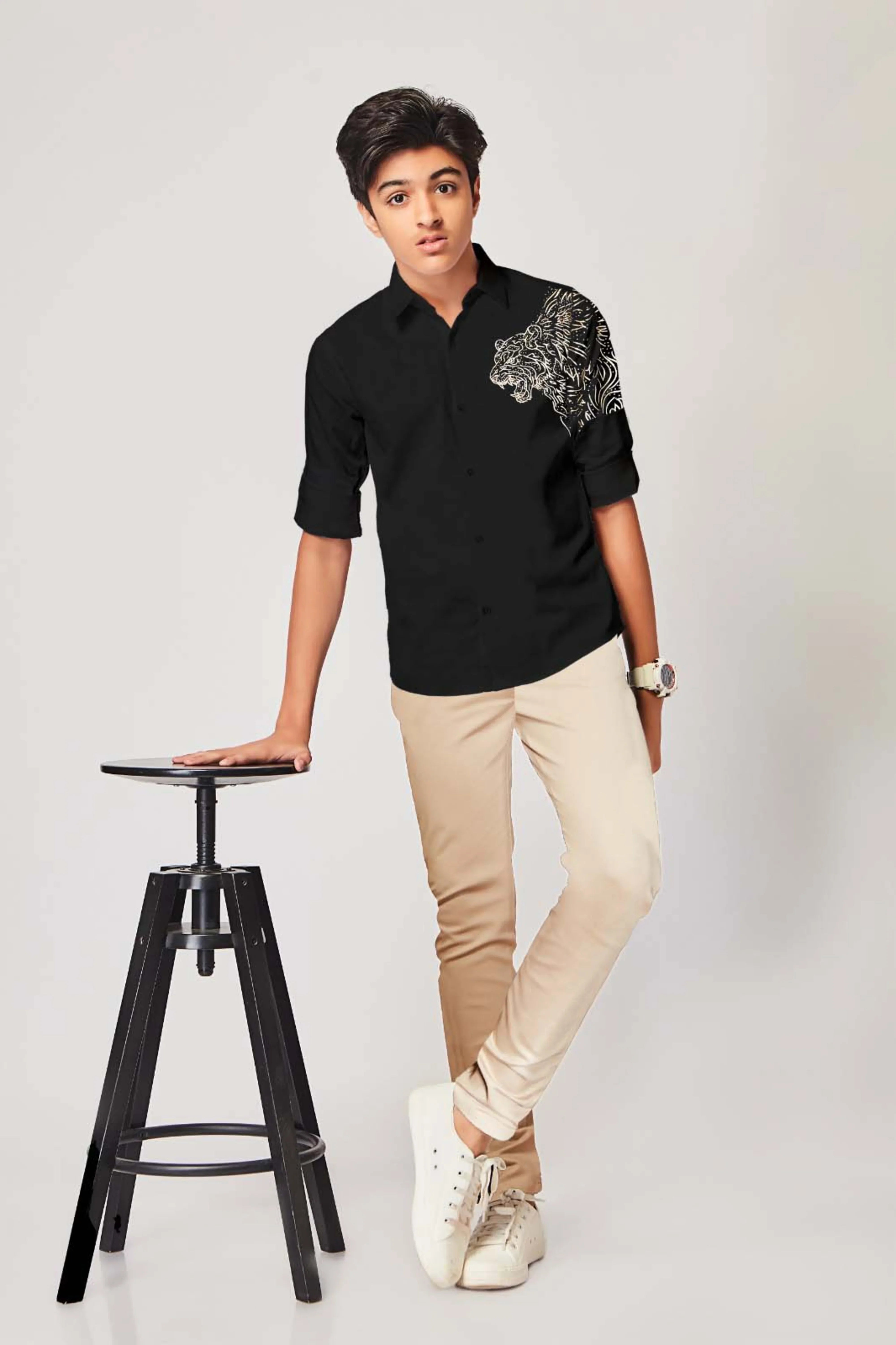 Black Boys Shirt with Lion Embroidery