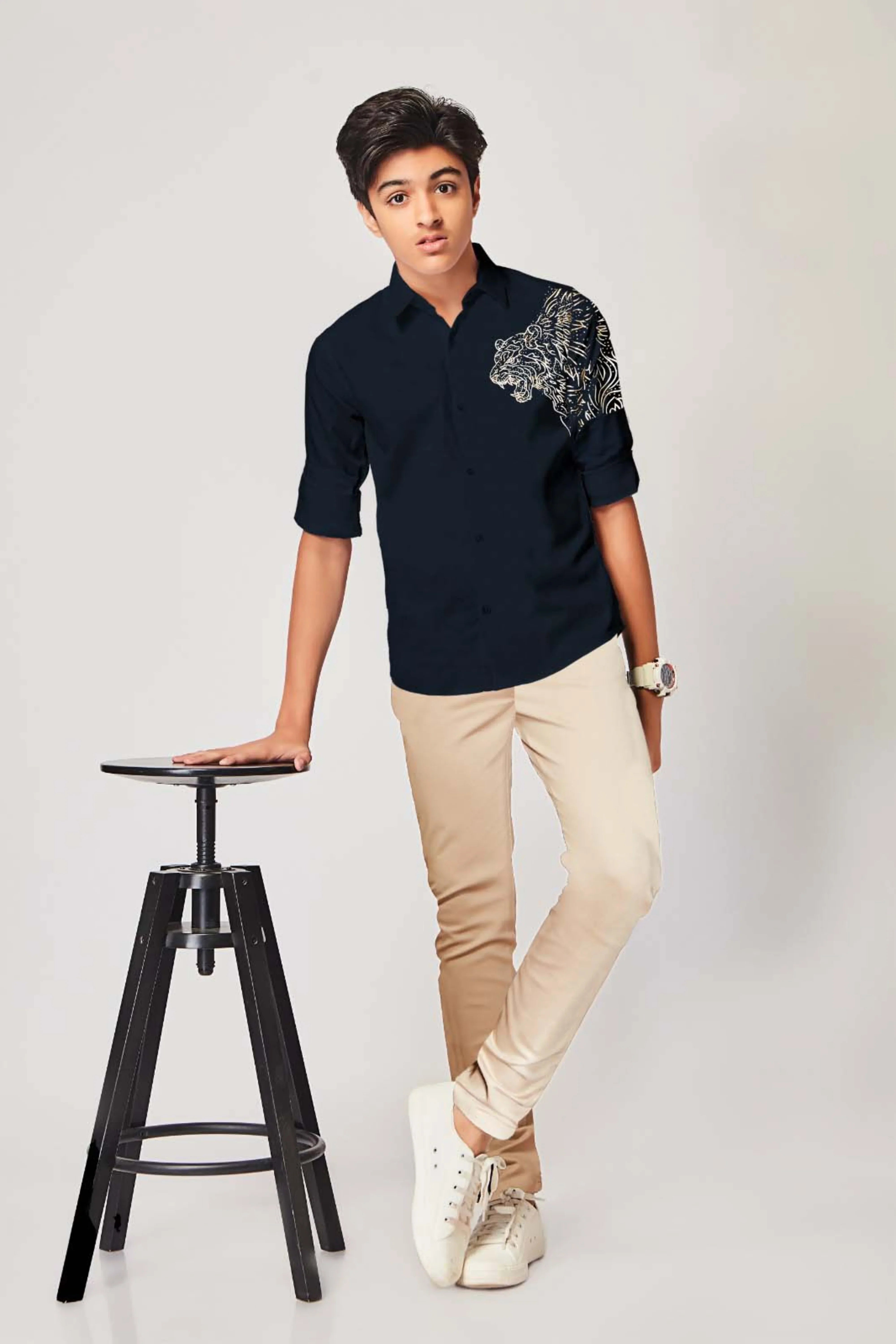 Blue Boys Shirt with Lion Embroidery