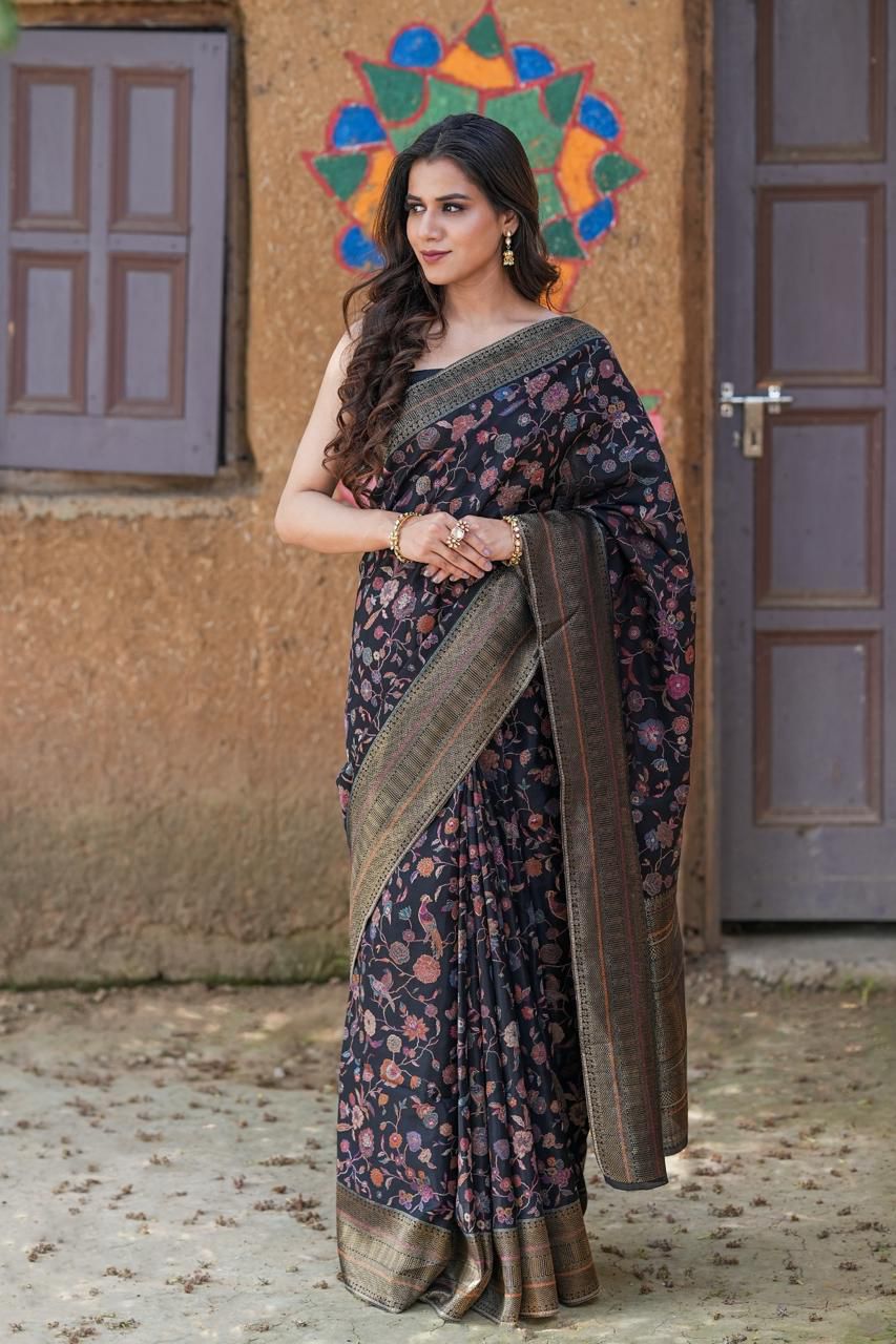Black Pashmina Floral Woven Saree