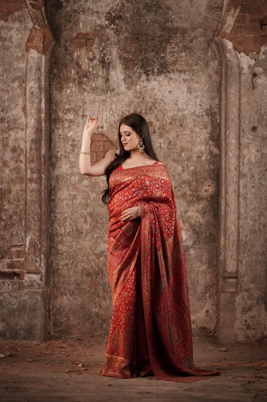 Deep Red Pashmina Woven Saree