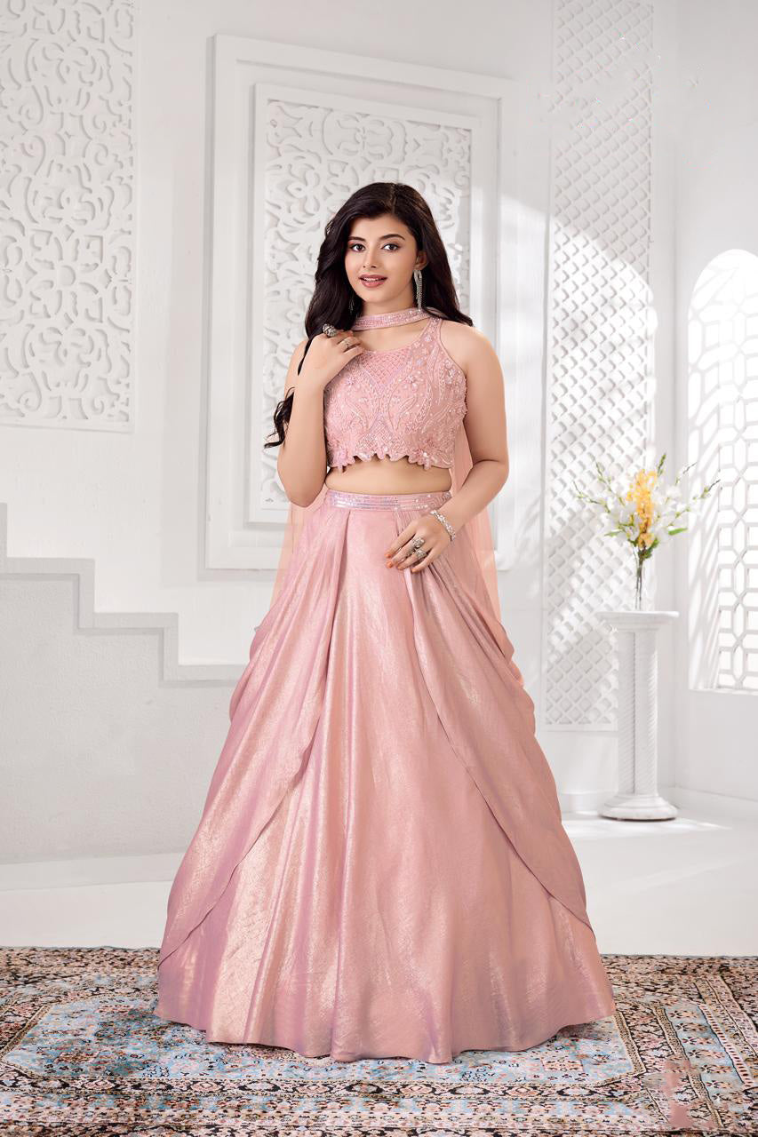 Shimmer Pink Embroidered Crop Top & Draped Lehenga Set for Girls
