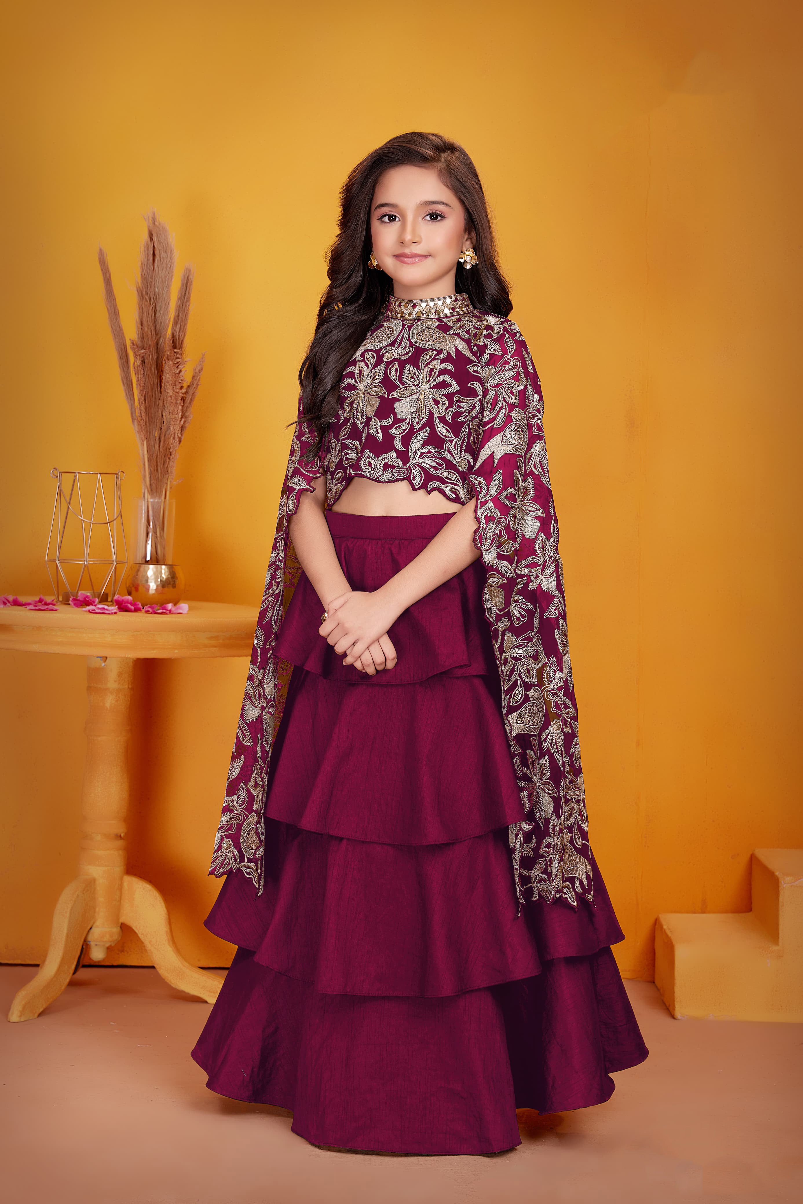 Wine Embroidered Cape Style Lehenga Set for Girls