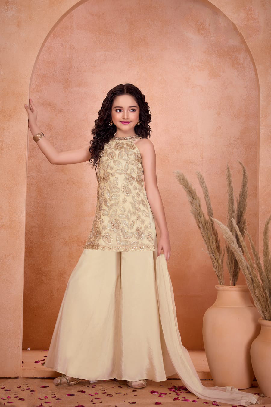 Cream Embroidered Halter Neck Kurti with Palazzo Pants for Girls