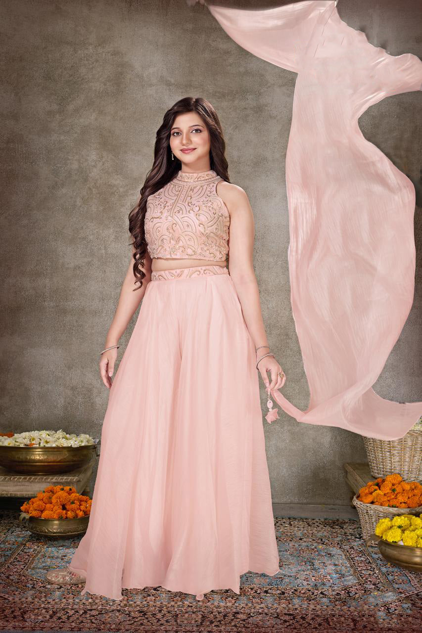 Baby Pink Embroidered Crop Top & Palazzo Set for Girls