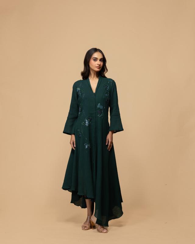 Emerald Green Asymmetric Embroidered Dress