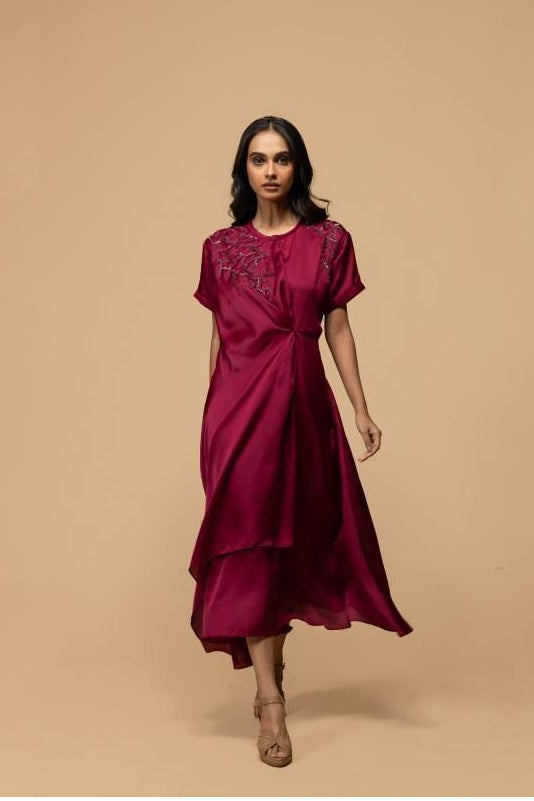 Wine Maroon Satin Silk Dress with Embellished Yoke