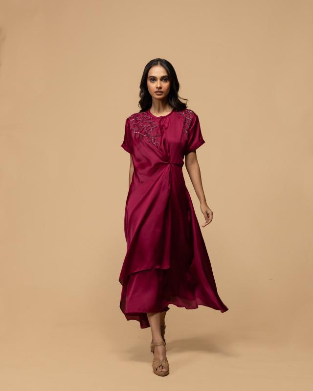 Wine Maroon Satin Silk Dress with Embellished Yoke