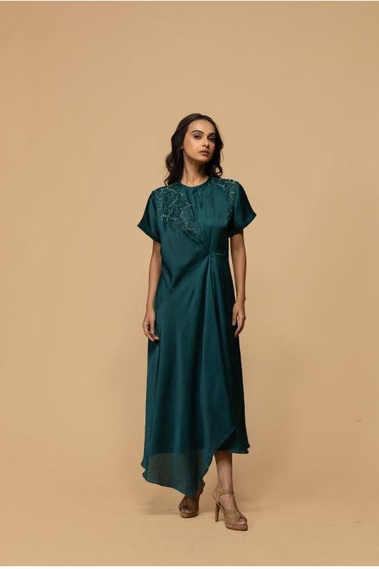 Emerald Green Satin Silk Dress with Embellished Yoke