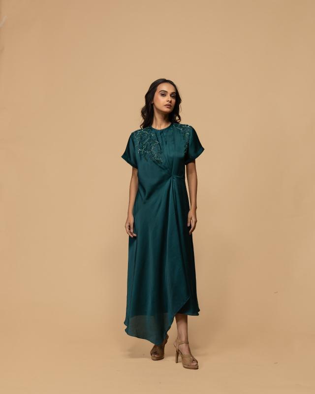 Emerald Green Satin Silk Dress with Embellished Yoke
