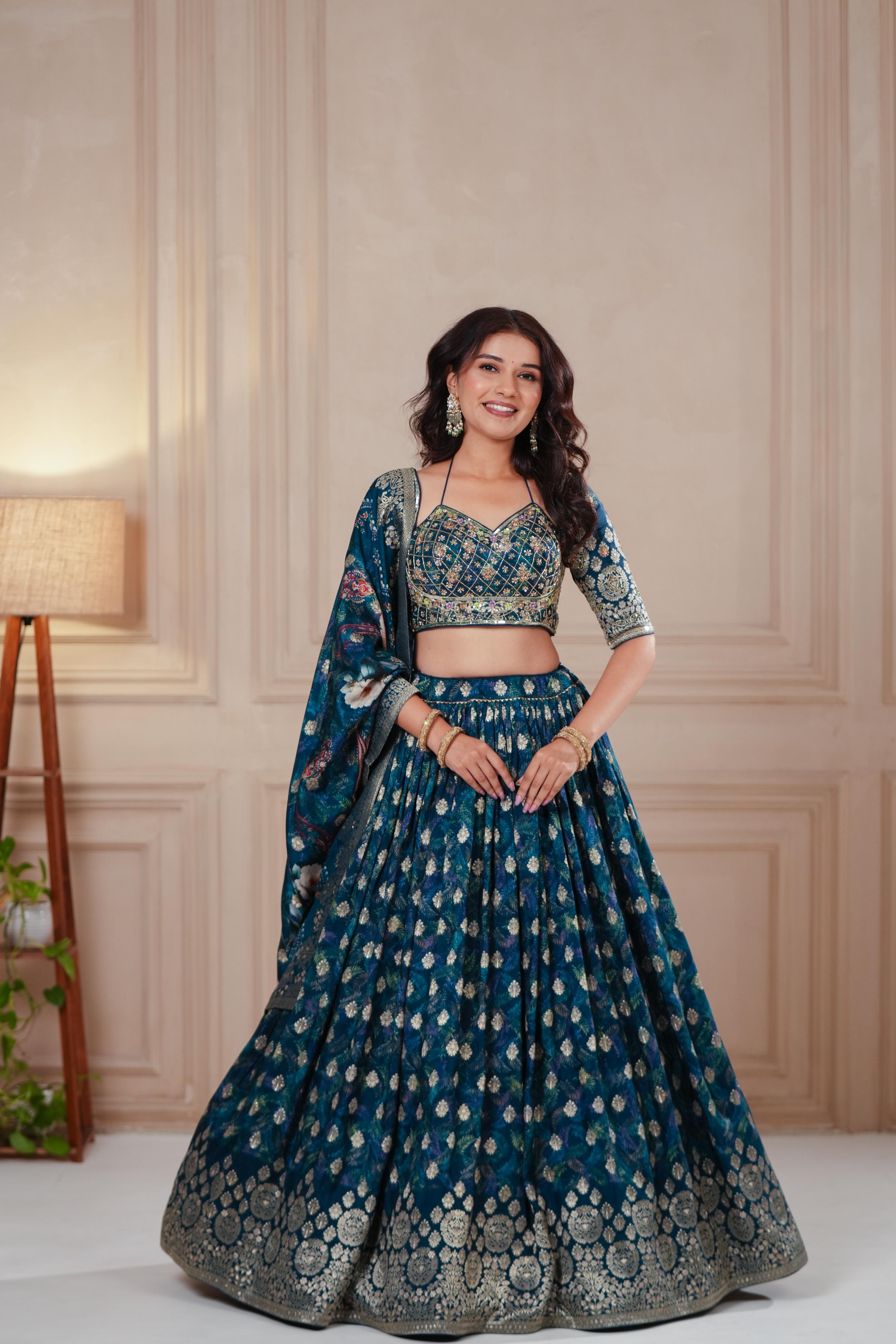 Dark Blue Banarasi Lehenga with Multicolor Floral Embroidered Blouse