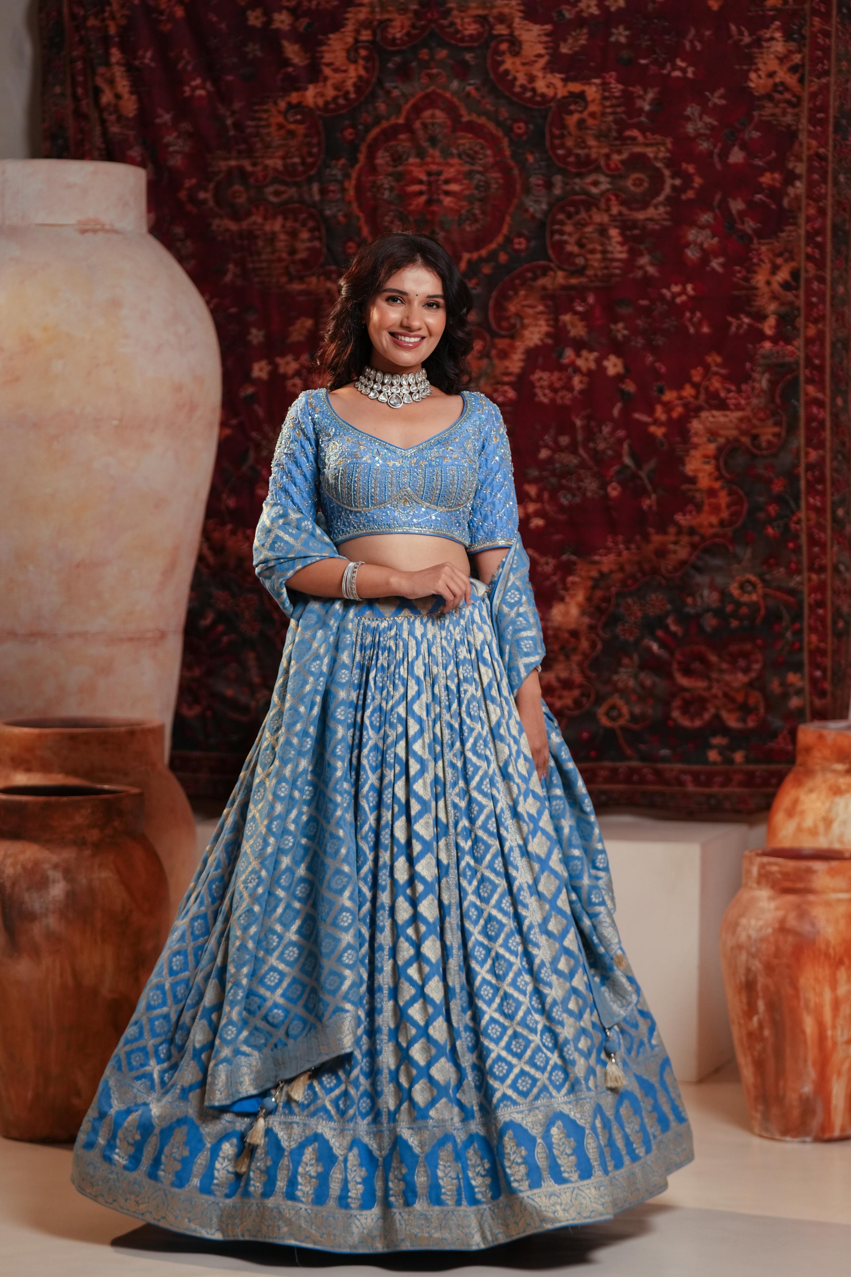 Ice Blue Benarasi Lehenga with Zari Weaving & Embroidered Blouse