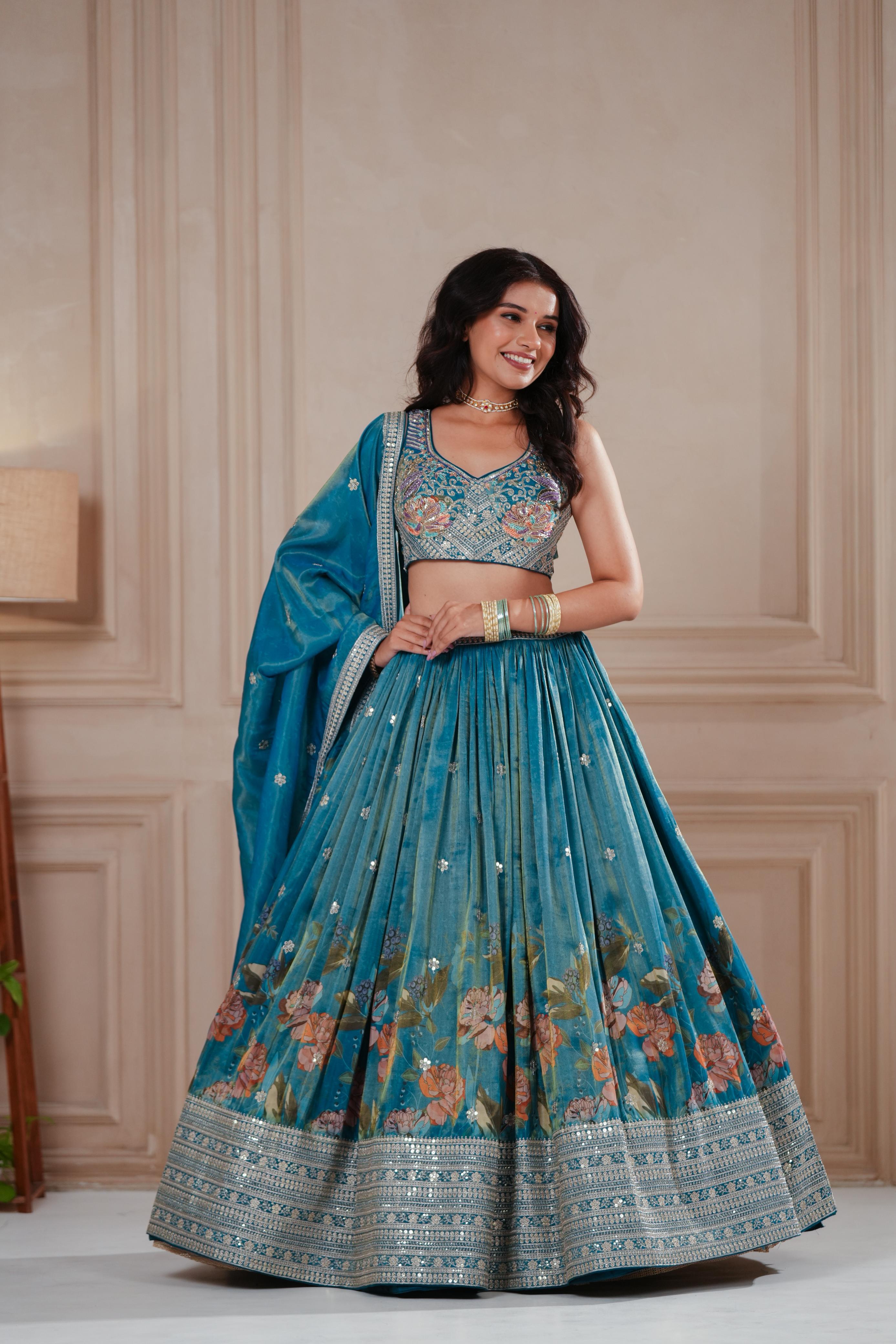 Sea Green Tissue Lehenga with Floral Digital Print & Hand-Embroidered Blouse