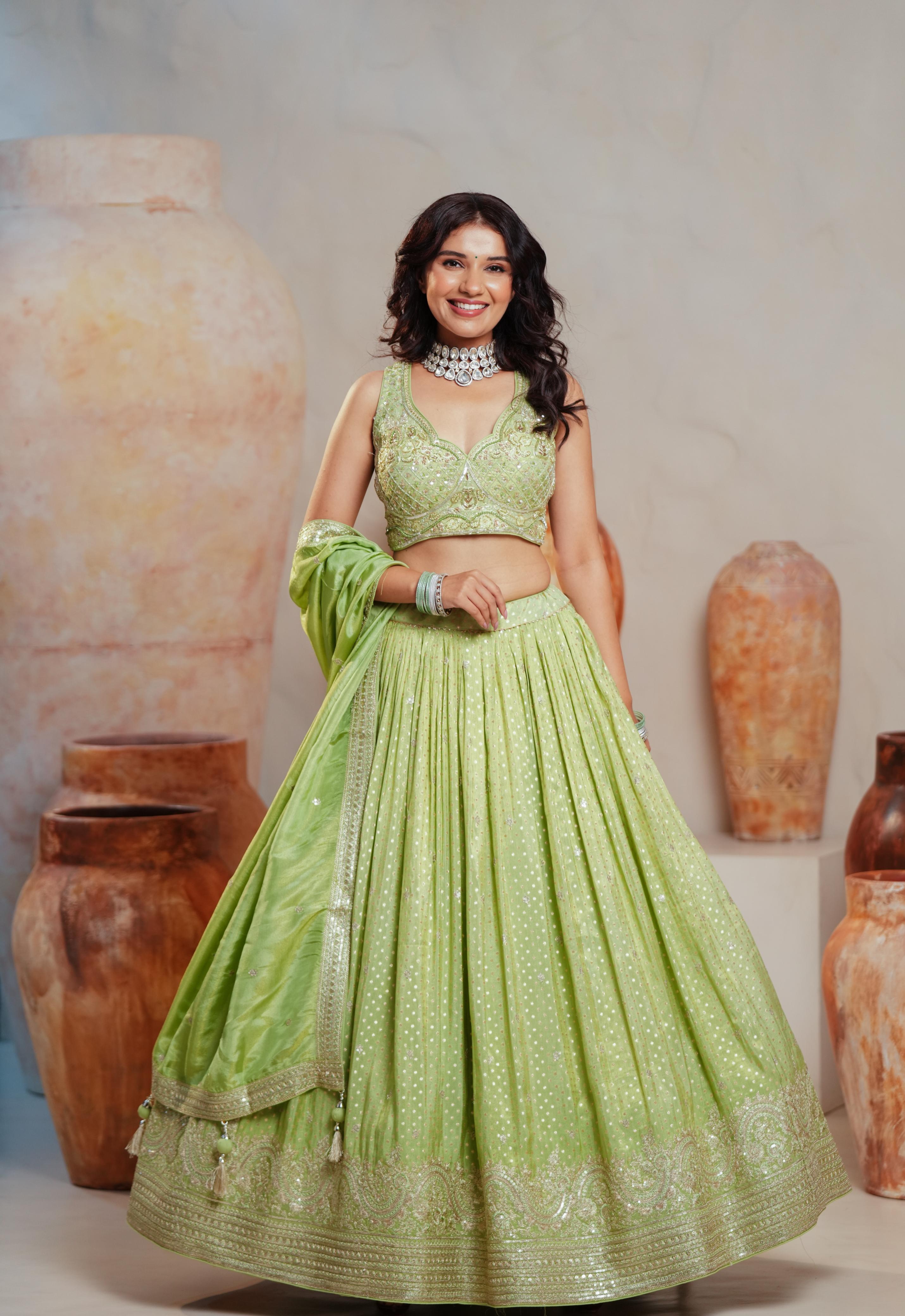 Light Pista Tissue Lehenga with Mirror Butti & Zardosi Embroidered Blouse