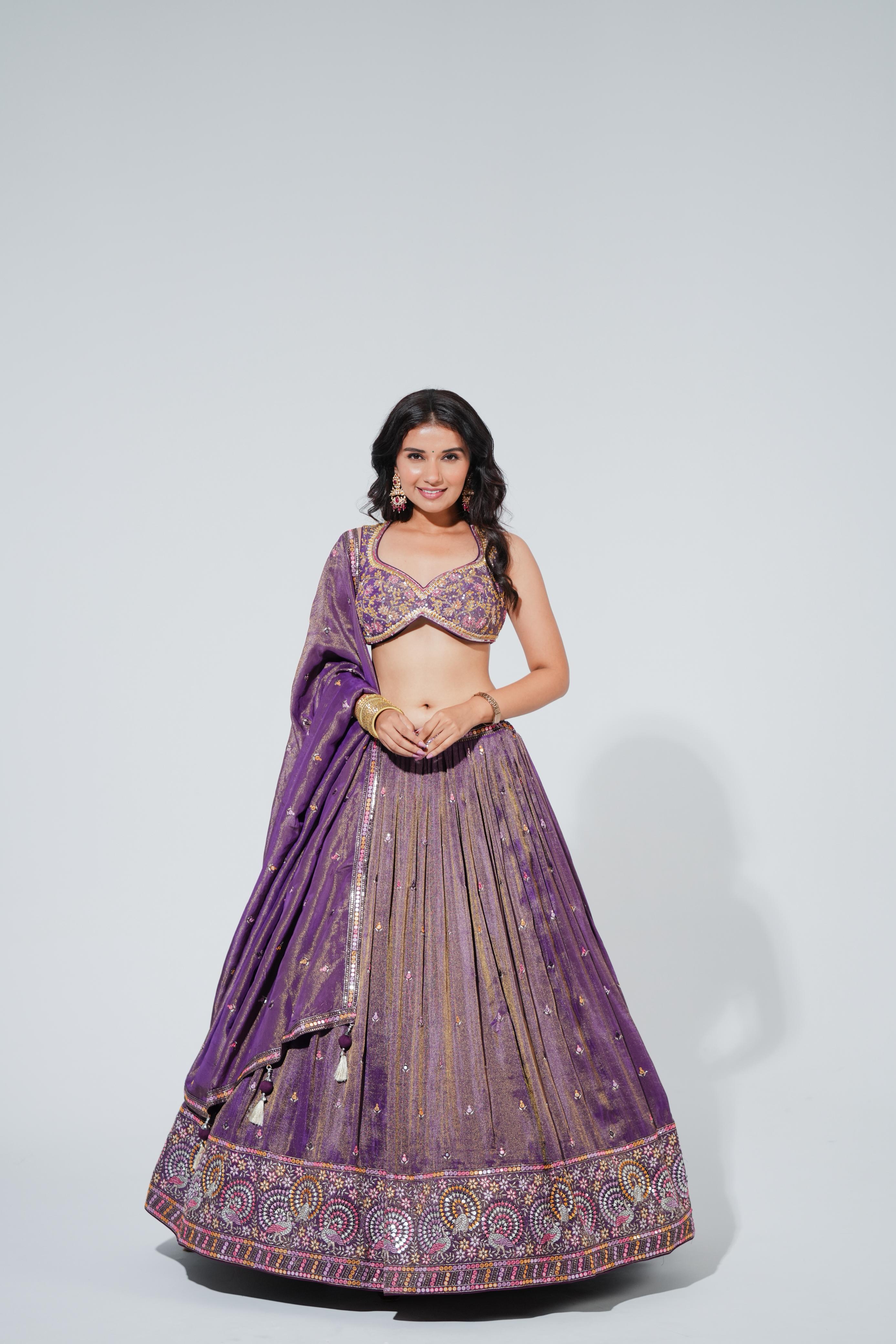 Purple Tissue Lehenga with Sequin Embroidery & Floral Handwork Blouse