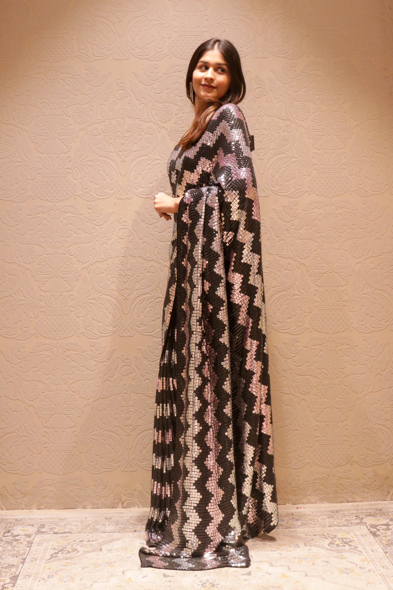 Black Georgette Saree with Silver & Black Sequin Zigzag Pattern