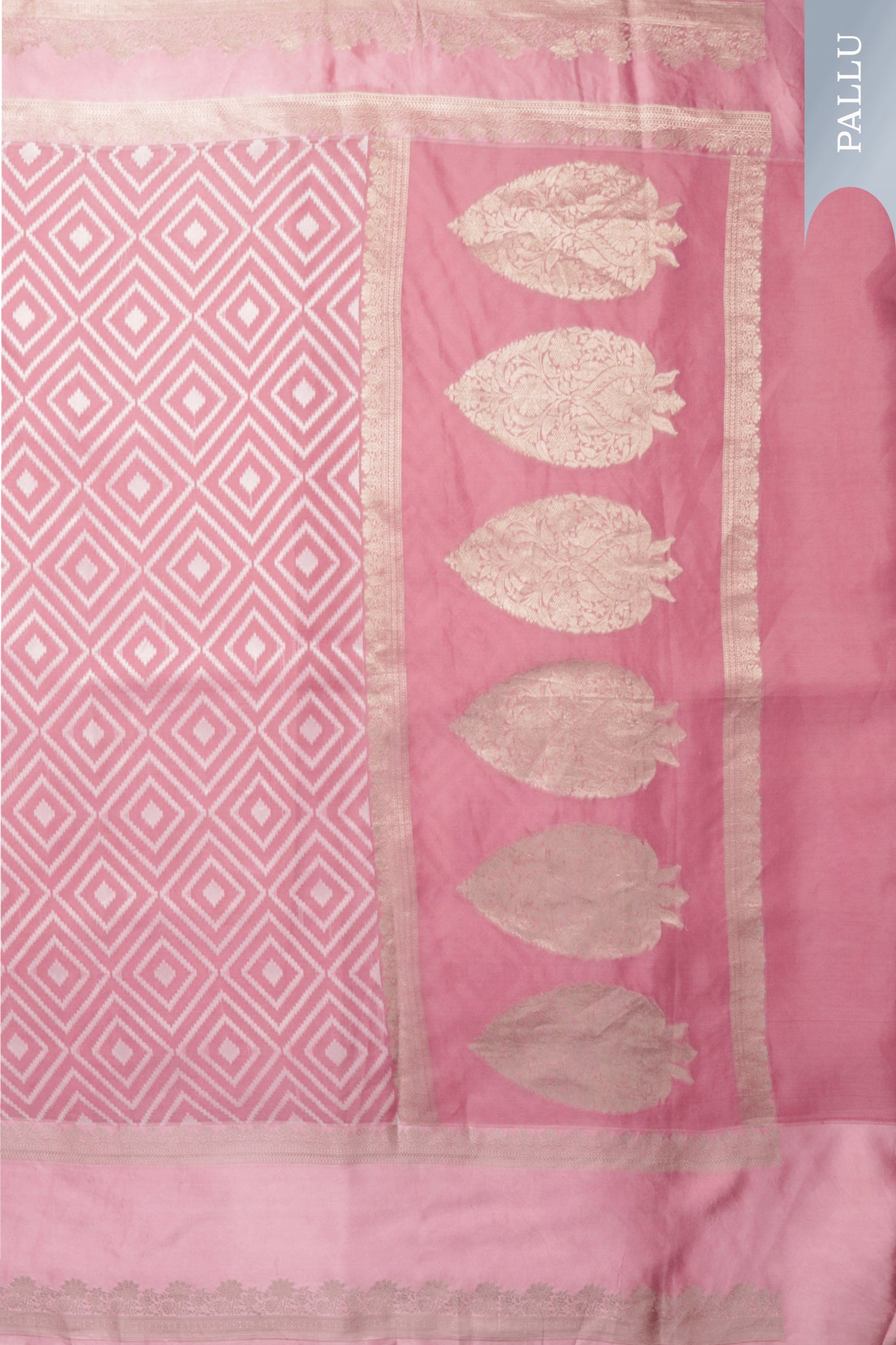 Baby Pink Banarasi Kora Saree with Geometric Weave & Satin Border