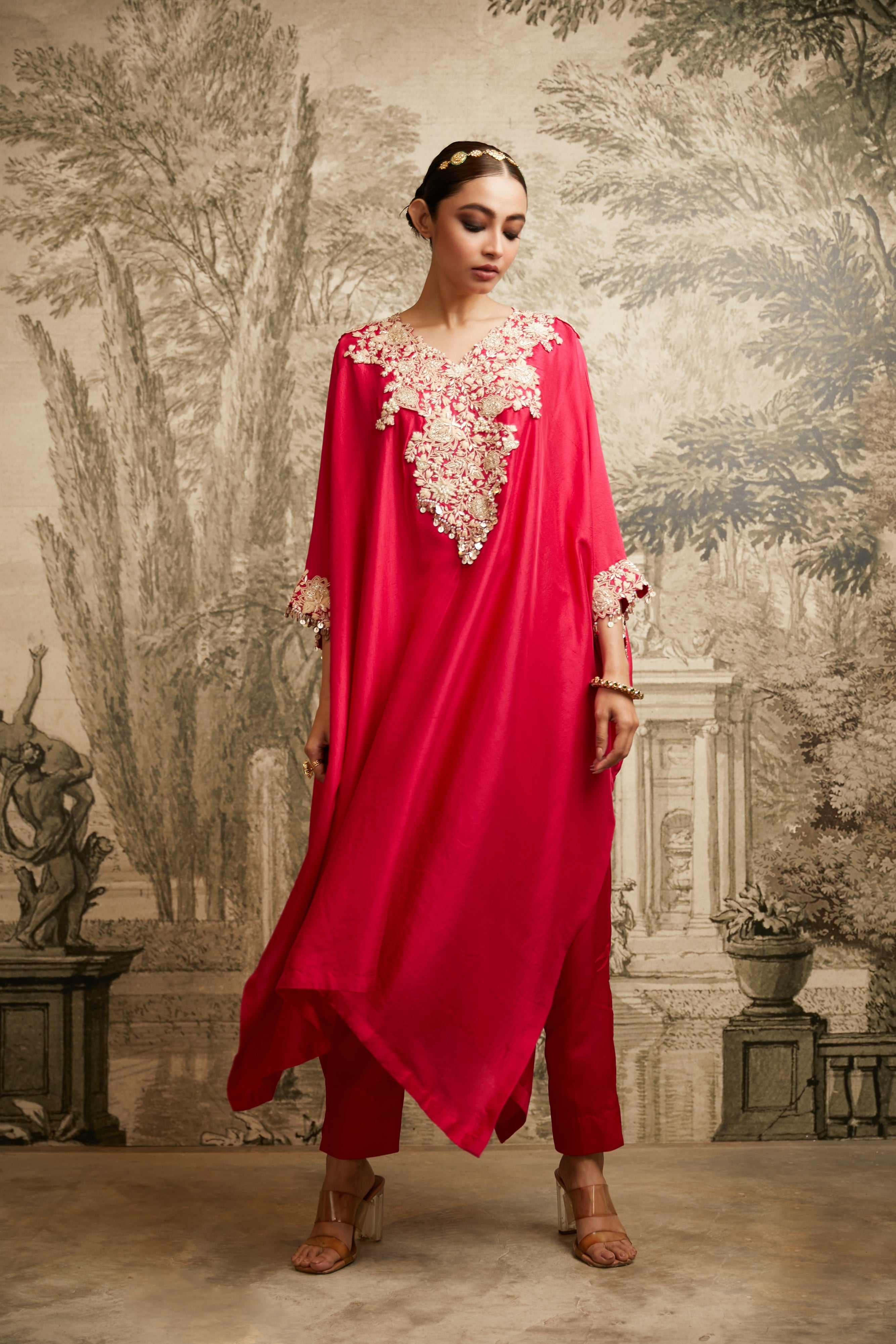 Red Lampi V-Neck Kaftan - Mokshaa