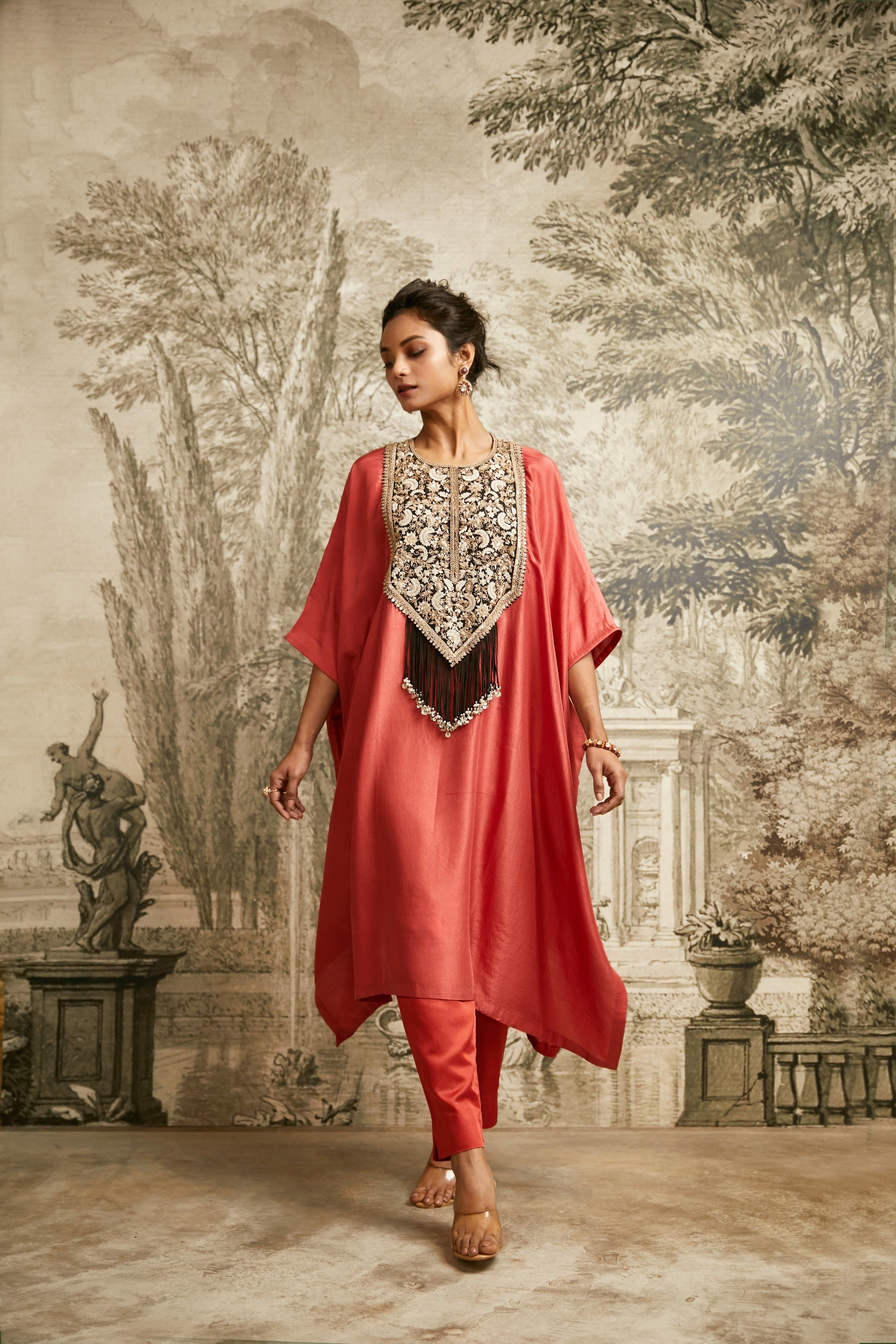 Deep Orange Dori Resham Kaftan - Mokshaa