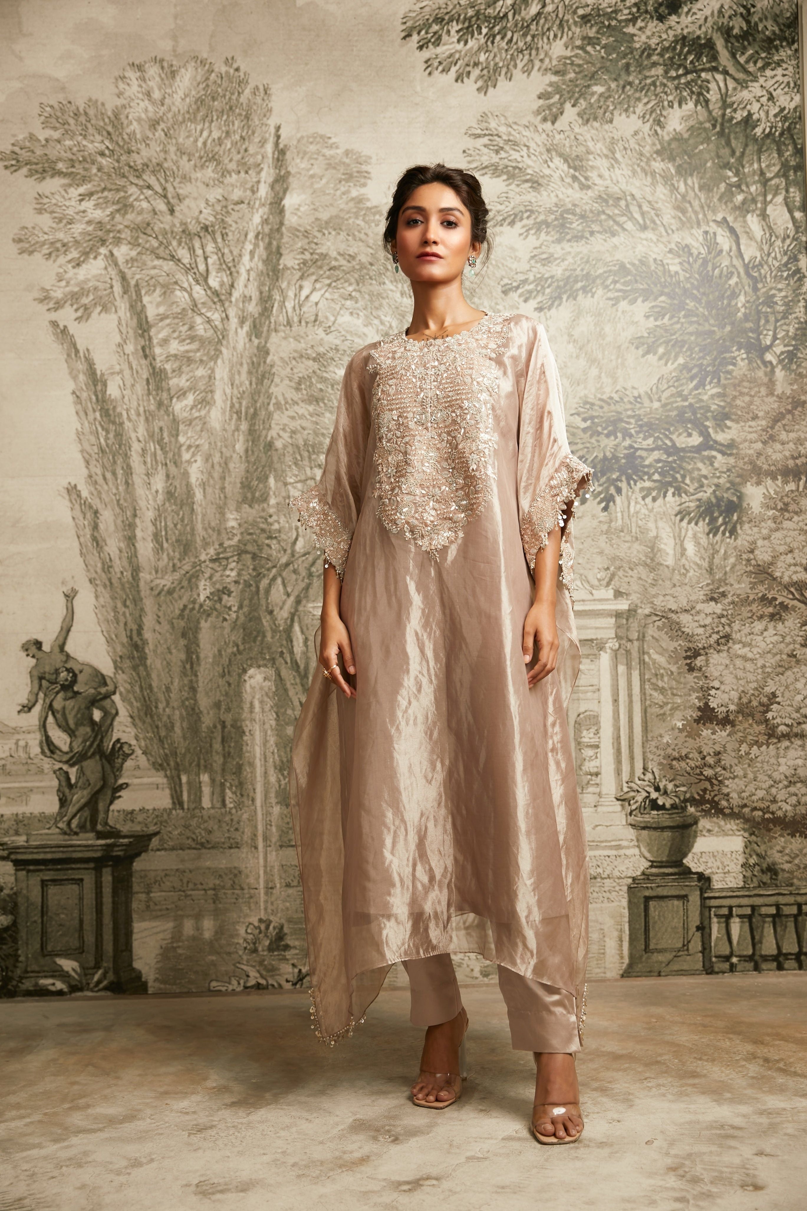 Champagne Maal Lampi Tissue Kaftan - Mokshaa