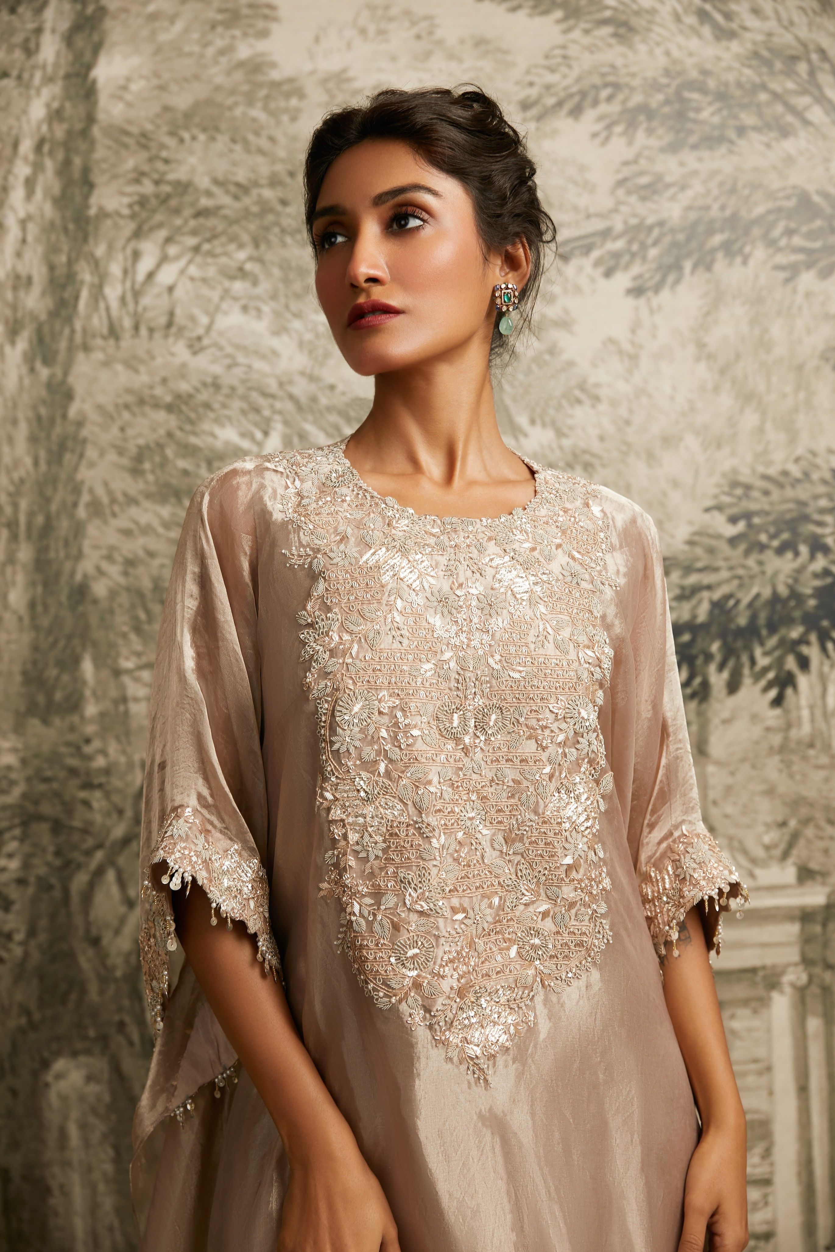 Champagne Maal Lampi Tissue Kaftan - Mokshaa